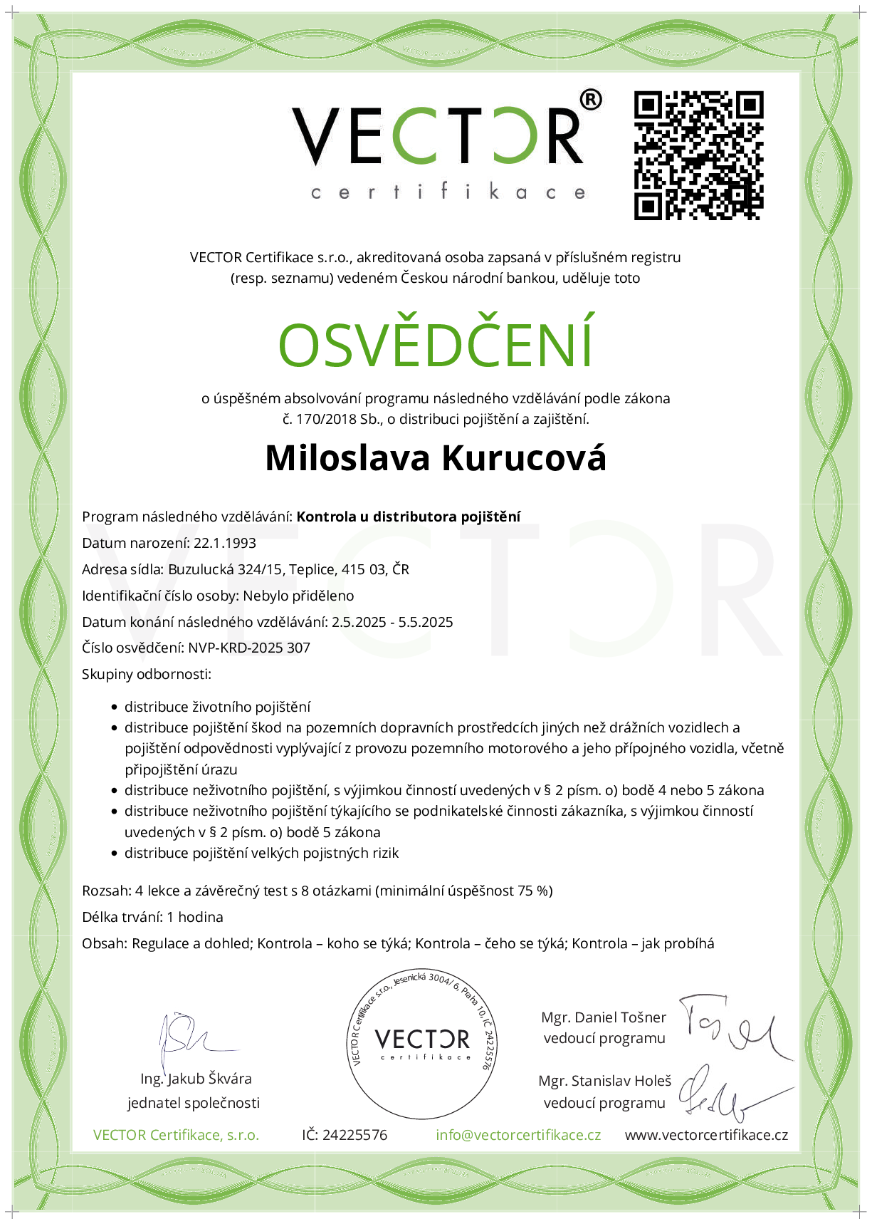 Osvědčení kurzu: Kontrola u distributora pojištění (NVP-KRD-2025)