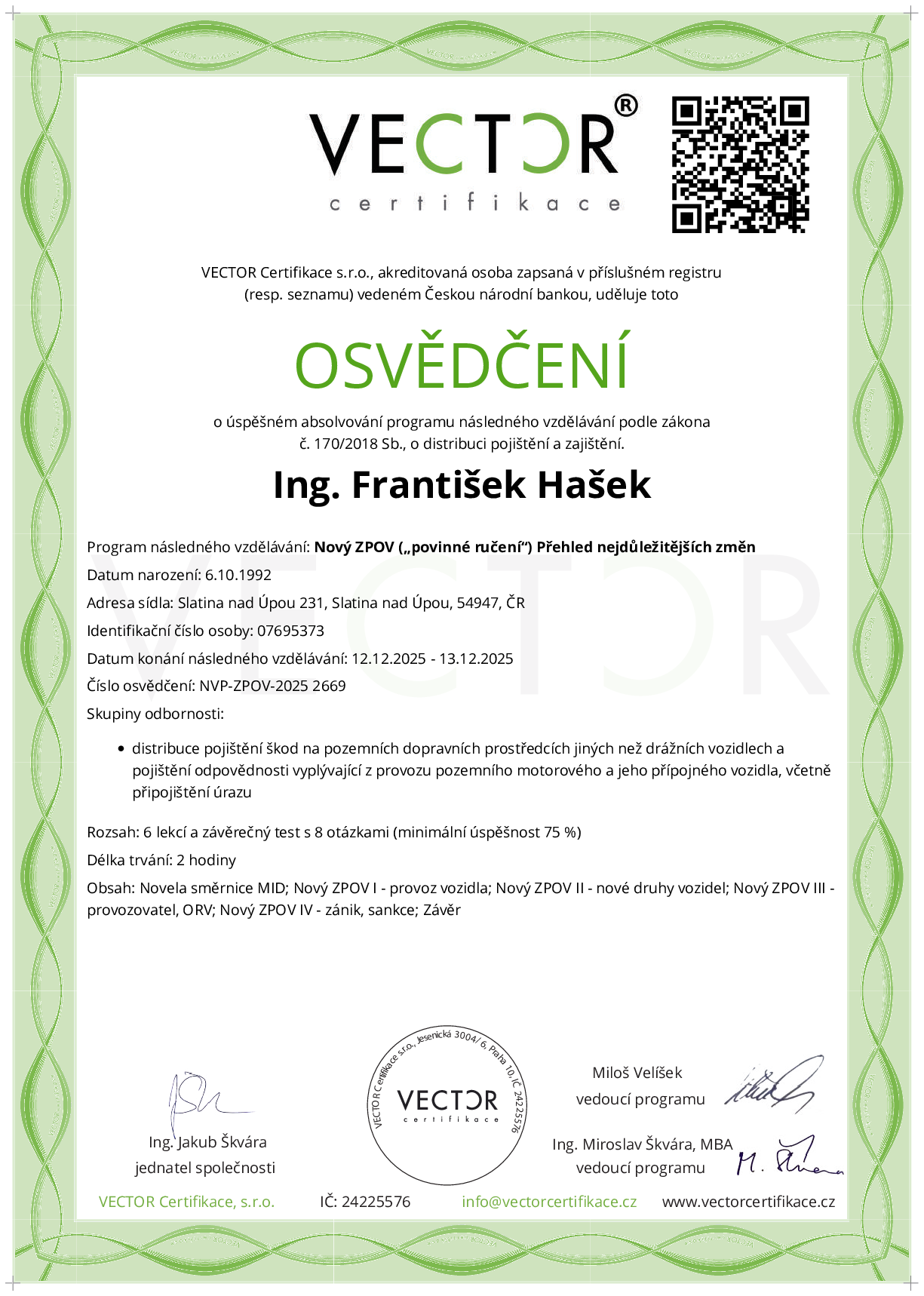 Osvědčení kurzu: Nový ZPOV („povinné ručení“) Přehled nejdůležitějších změn (NVP-ZPOV-2025)