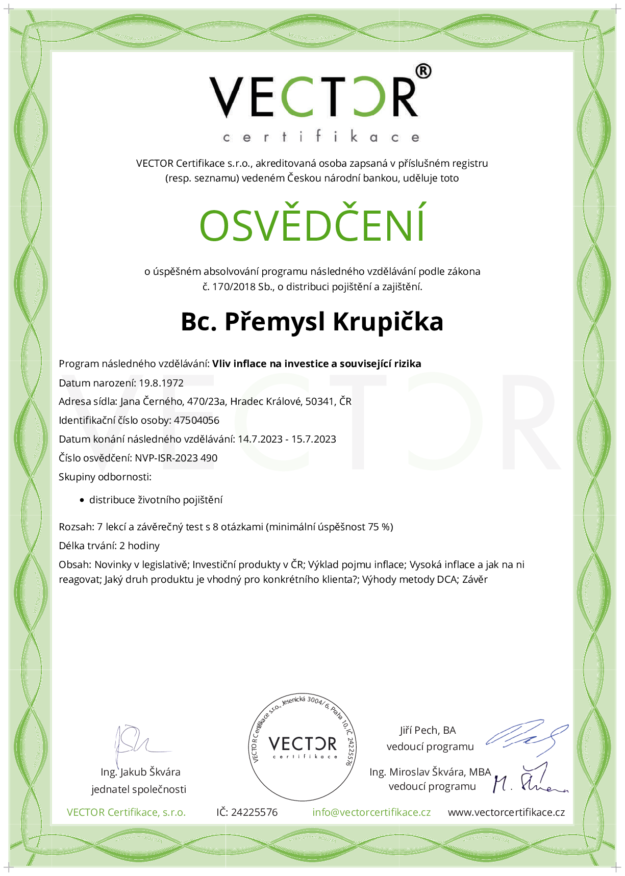Osvědčení kurzu: Vliv inflace na investice a související rizika (NVP-ISR-2023)