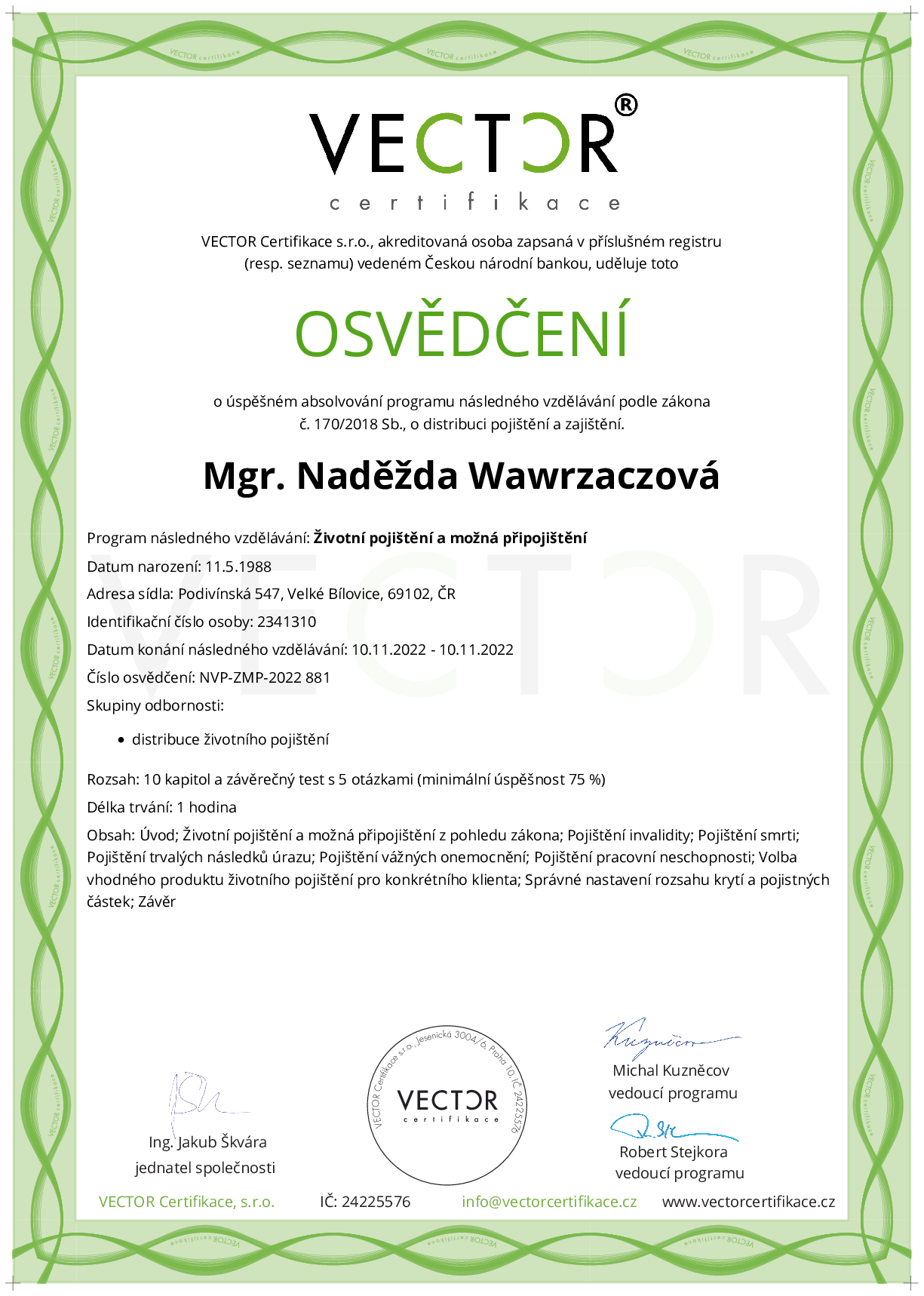 Osvědčení kurzu: Životní pojištění a možná připojištění (NVP-ZMP-2022)