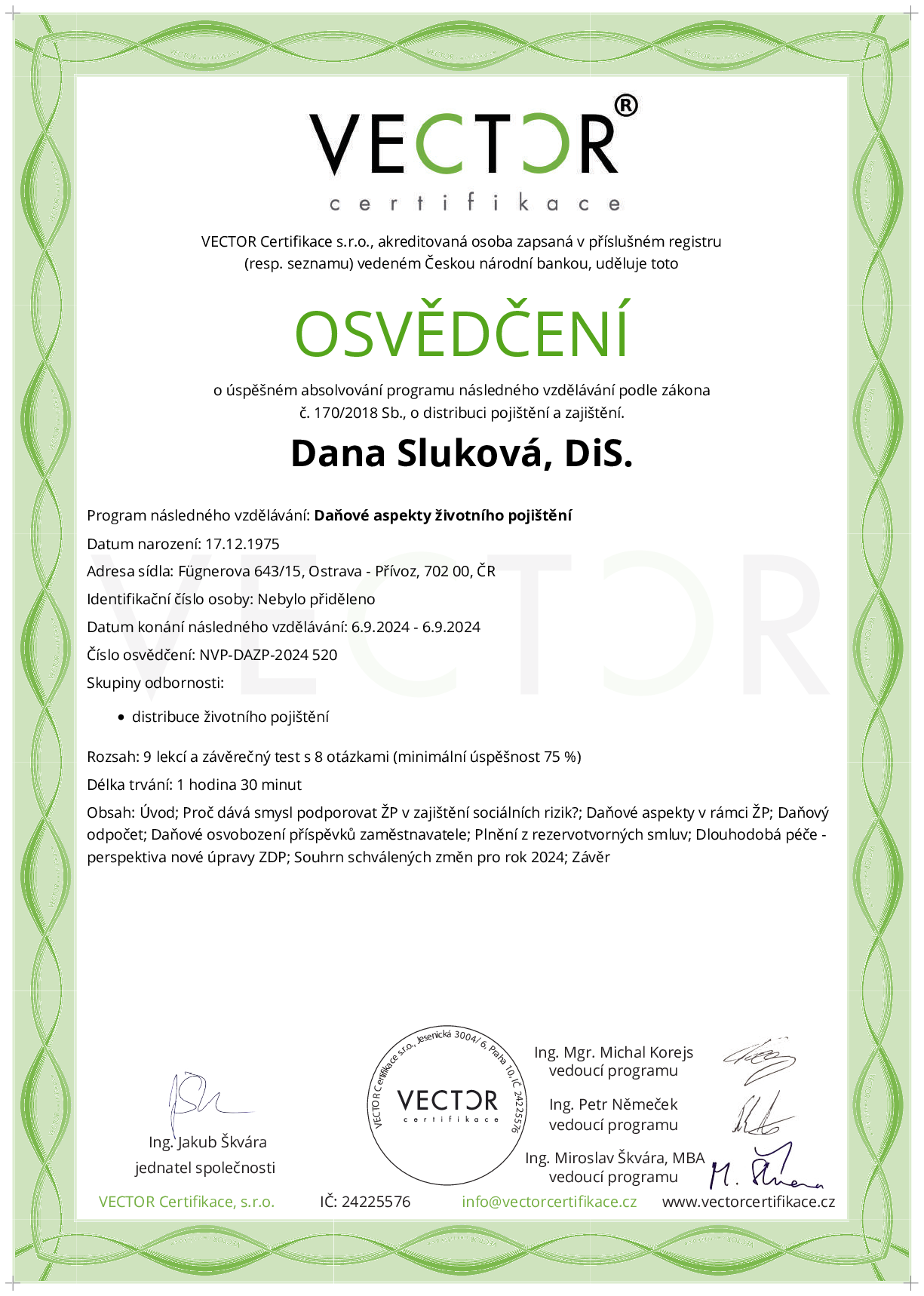 Osvědčení kurzu: Daňové aspekty životního pojištění (NVP-DAZP-2024)
