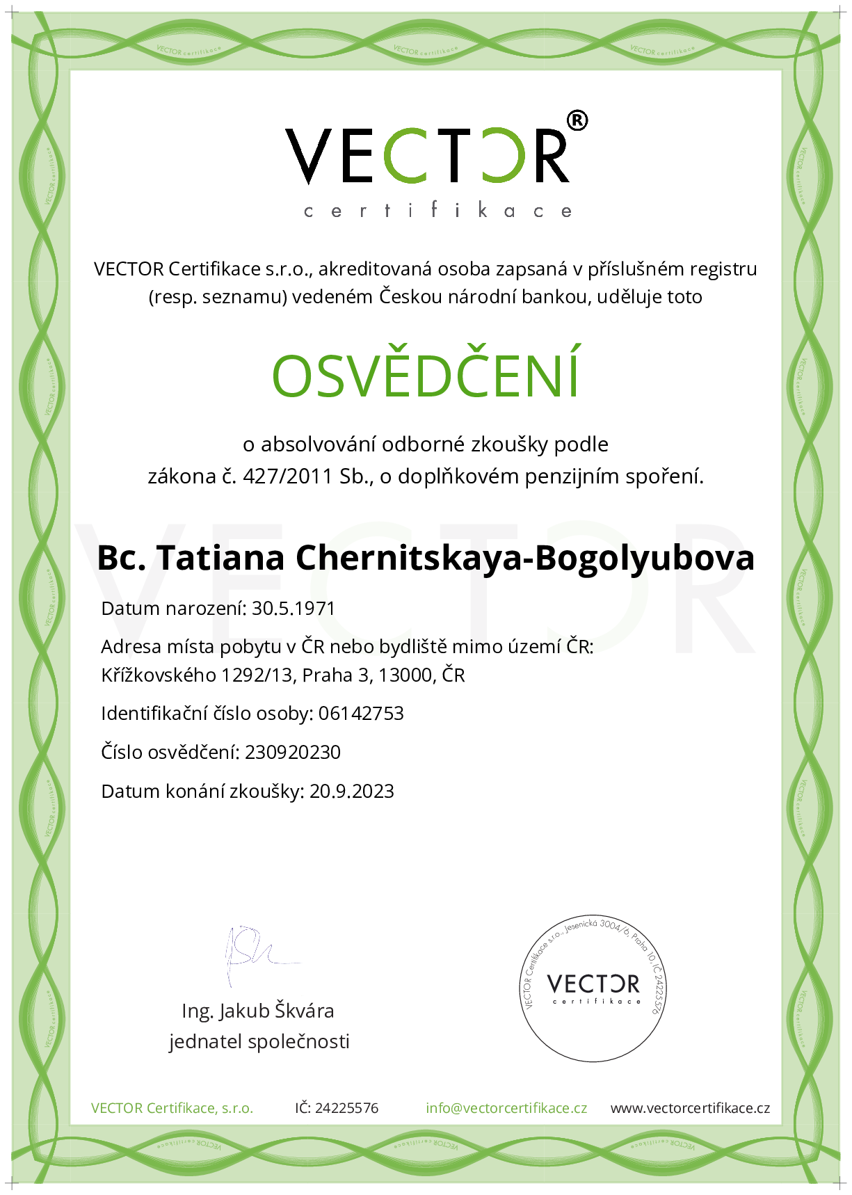 Osvědčení ze zkoušky: DPS - Doplňkové penzijní spoření