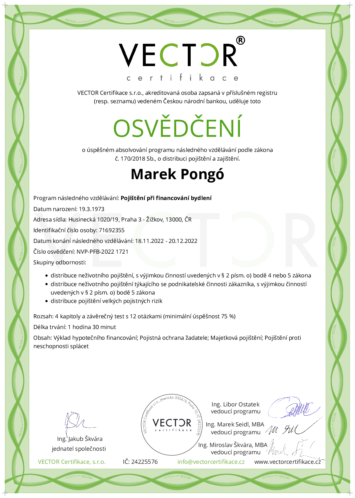 Osvědčení kurzu: Pojištění při financování bydlení (NVP-PFB-2022)