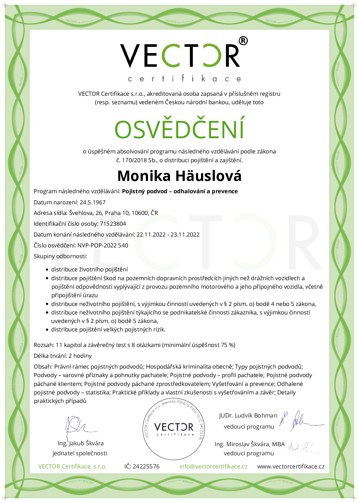 Osvědčení kurzu: Pojistný podvod – odhalování a prevence (NVP-POP-2022)