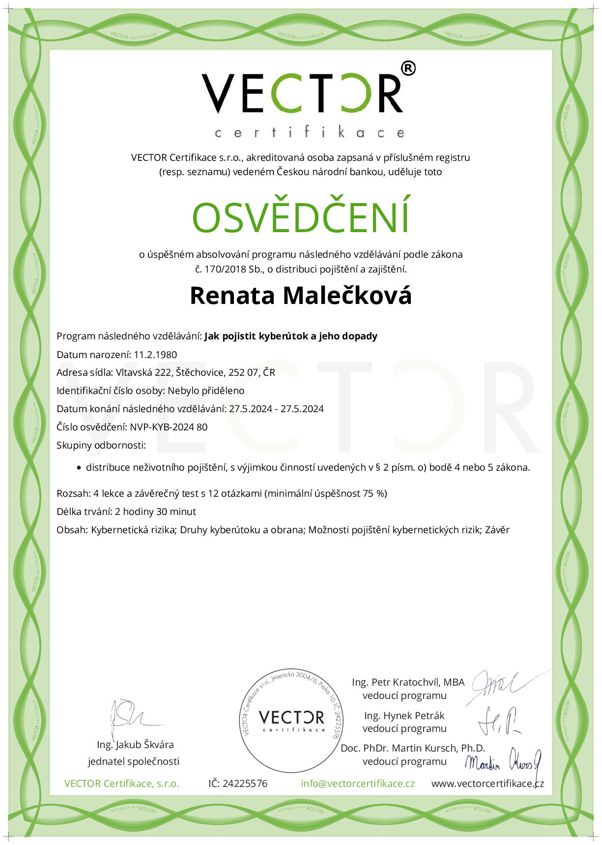 Osvědčení kurzu: Jak pojistit kyberútok a jeho dopady (NVP-KYB-2024)