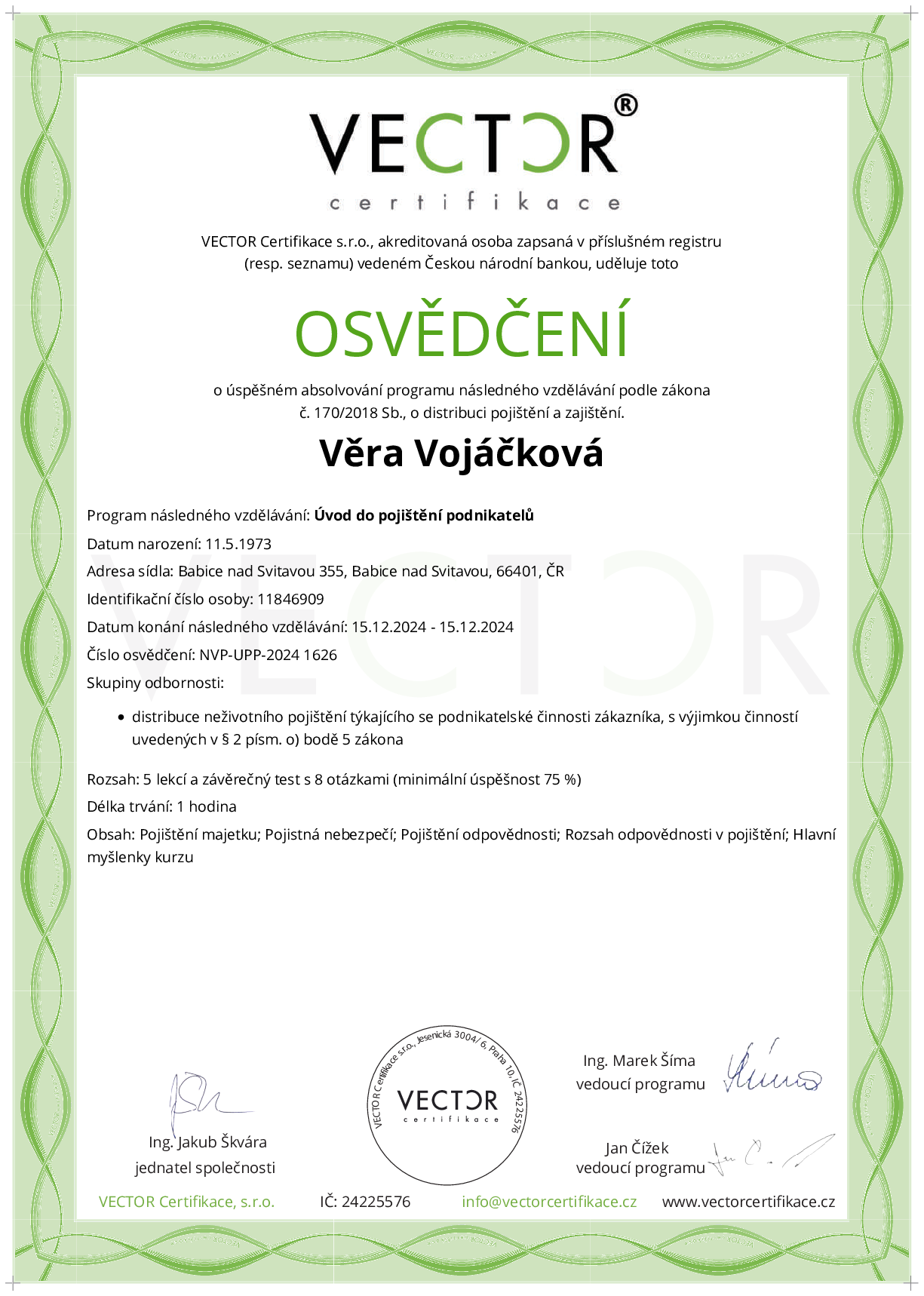 Osvědčení kurzu: Úvod do pojištění podnikatelů (NVP-UPP-2024)