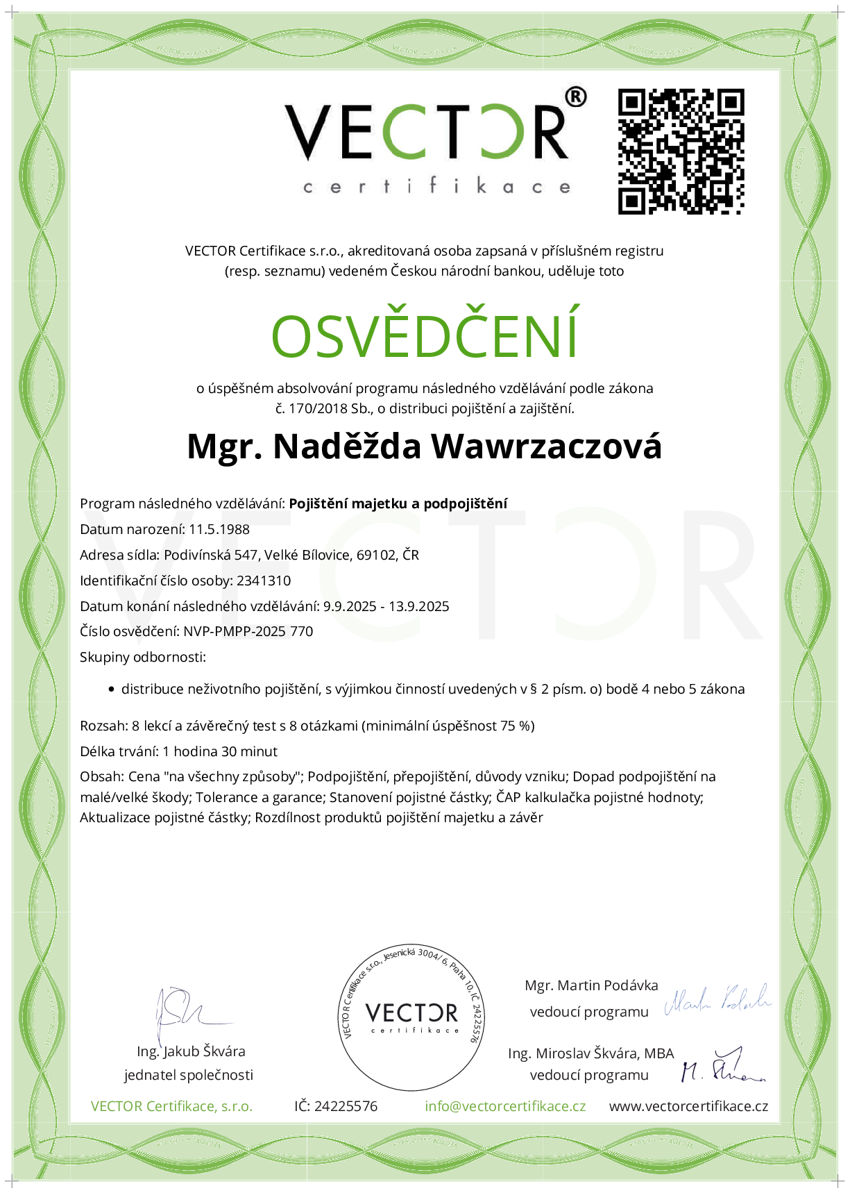 Osvědčení kurzu: Pojištění majetku a podpojištění (NVP-PMPP-2025)