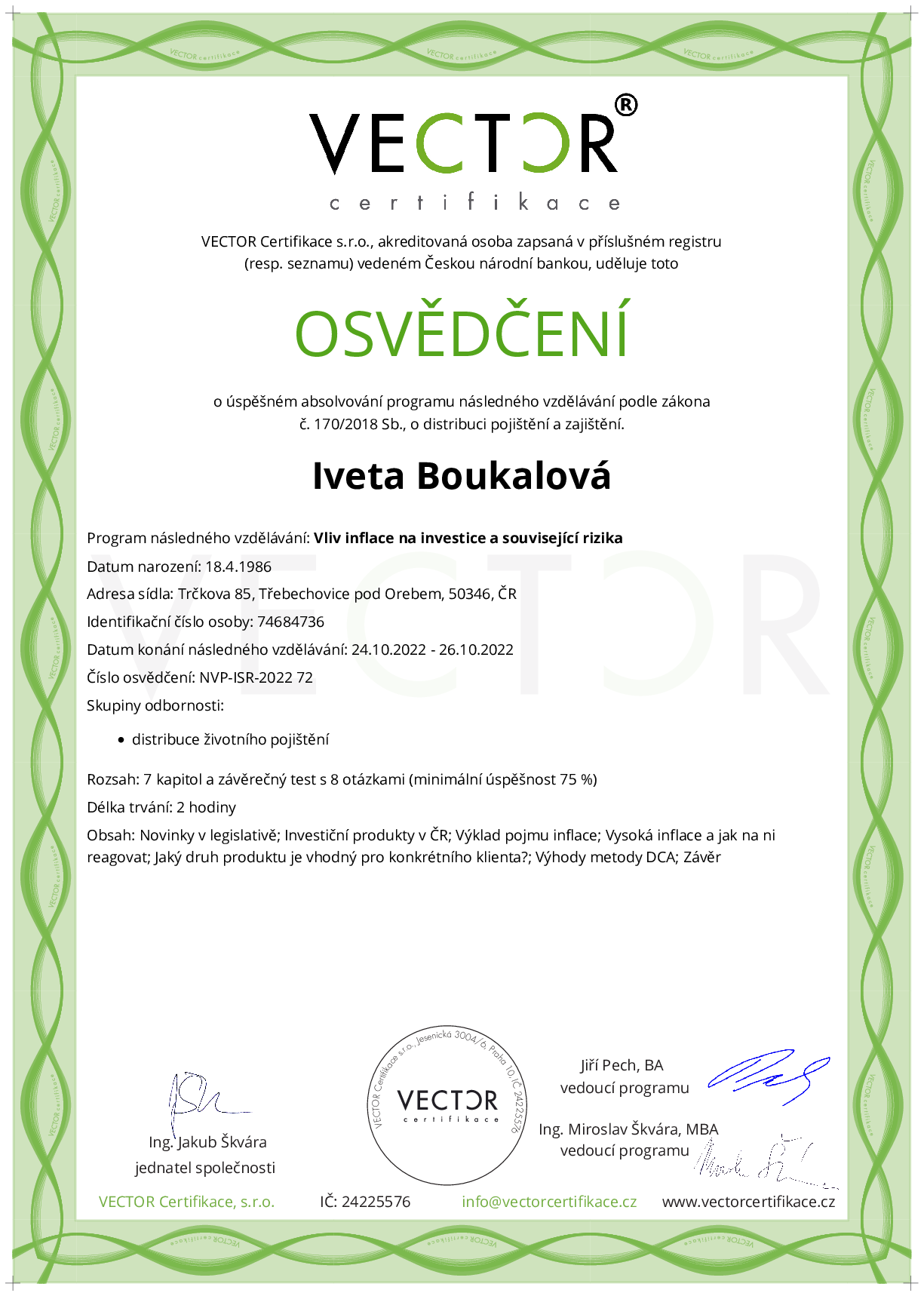 Osvědčení kurzu: Vliv inflace na investice a související rizika (NVP-ISR-2022)