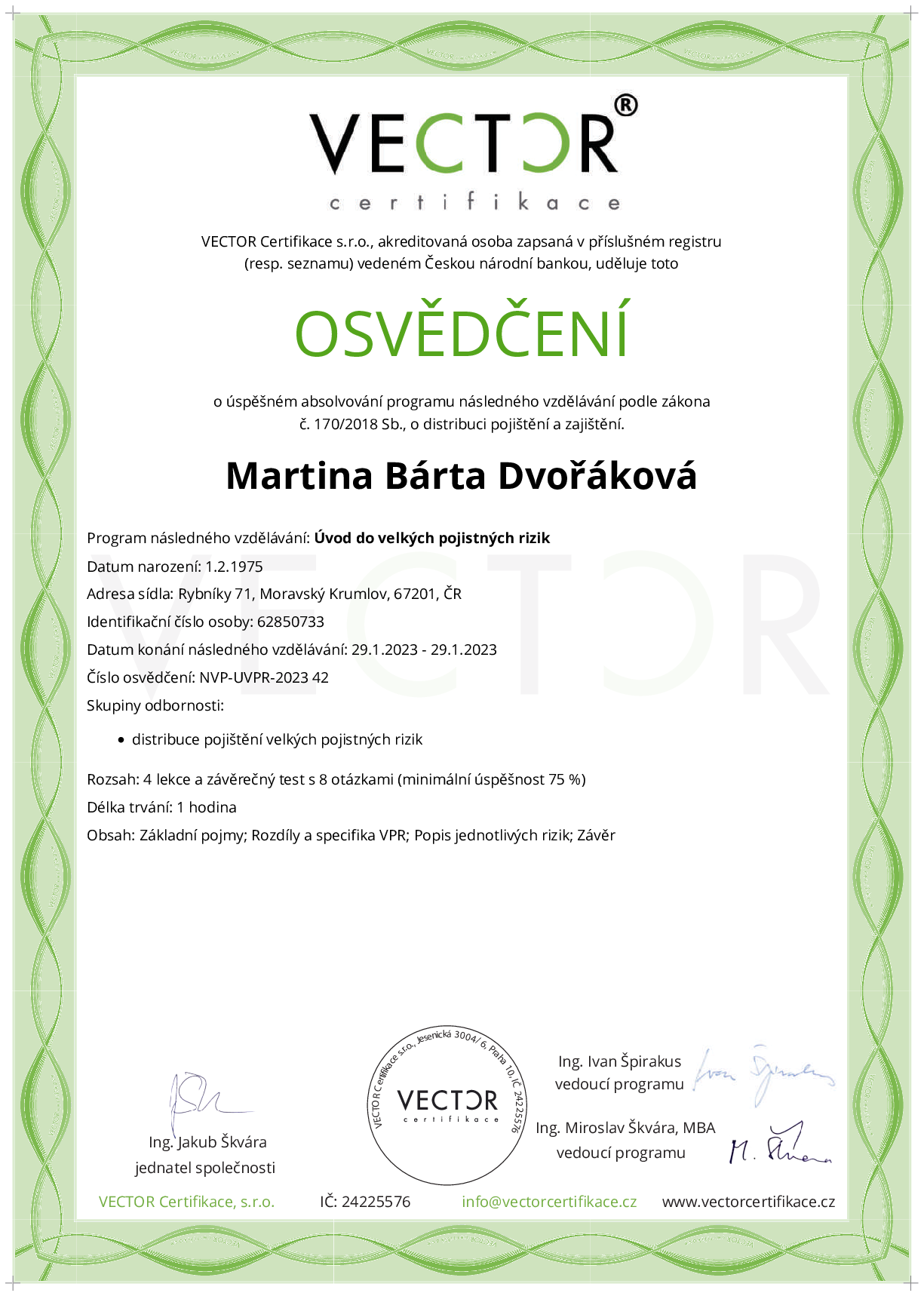 Osvědčení kurzu: Úvod do velkých pojistných rizik (NVP-UVPR-2023)