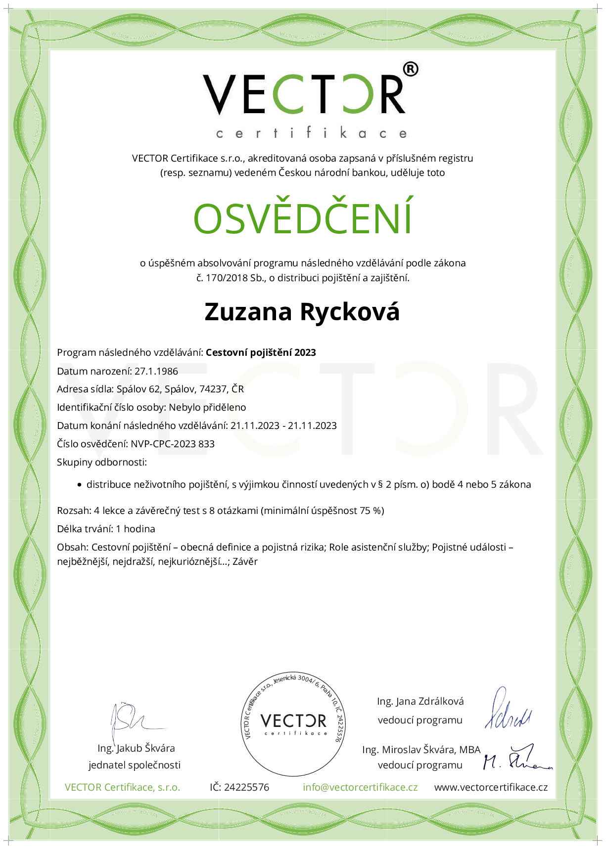 Osvědčení kurzu: Cestovní pojištění 2023 (NVP-CPC-2023)