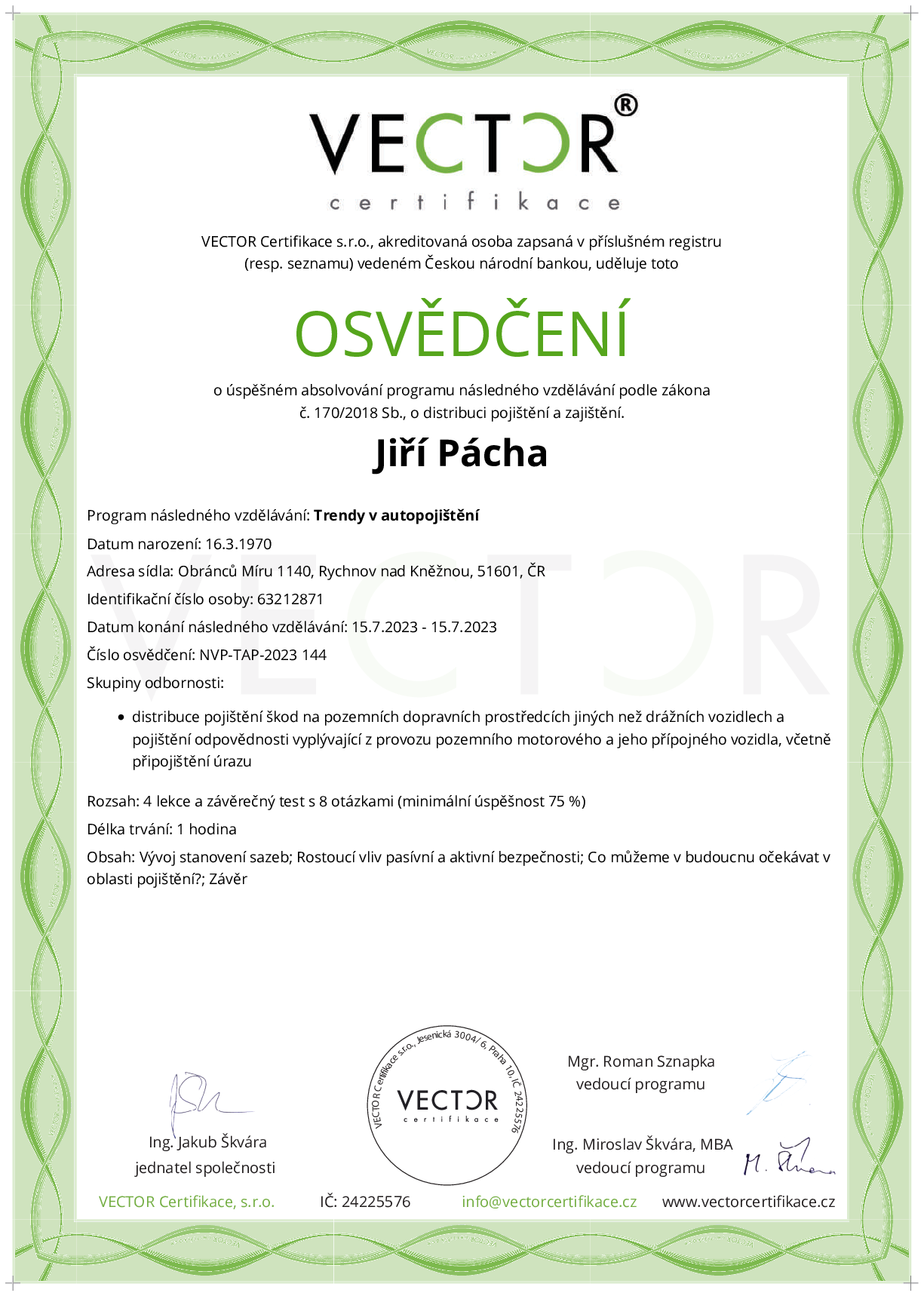 Osvědčení kurzu: Trendy v autopojištění (NVP-TAP-2023)