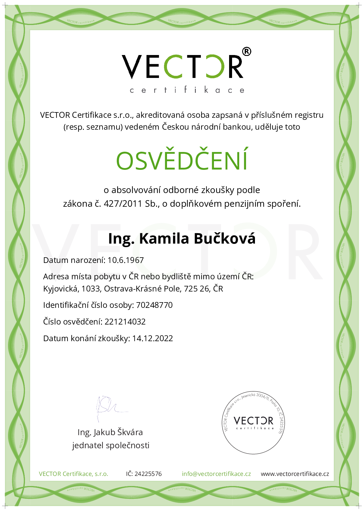 Osvědčení ze zkoušky: DPS - Doplňkové penzijní spoření