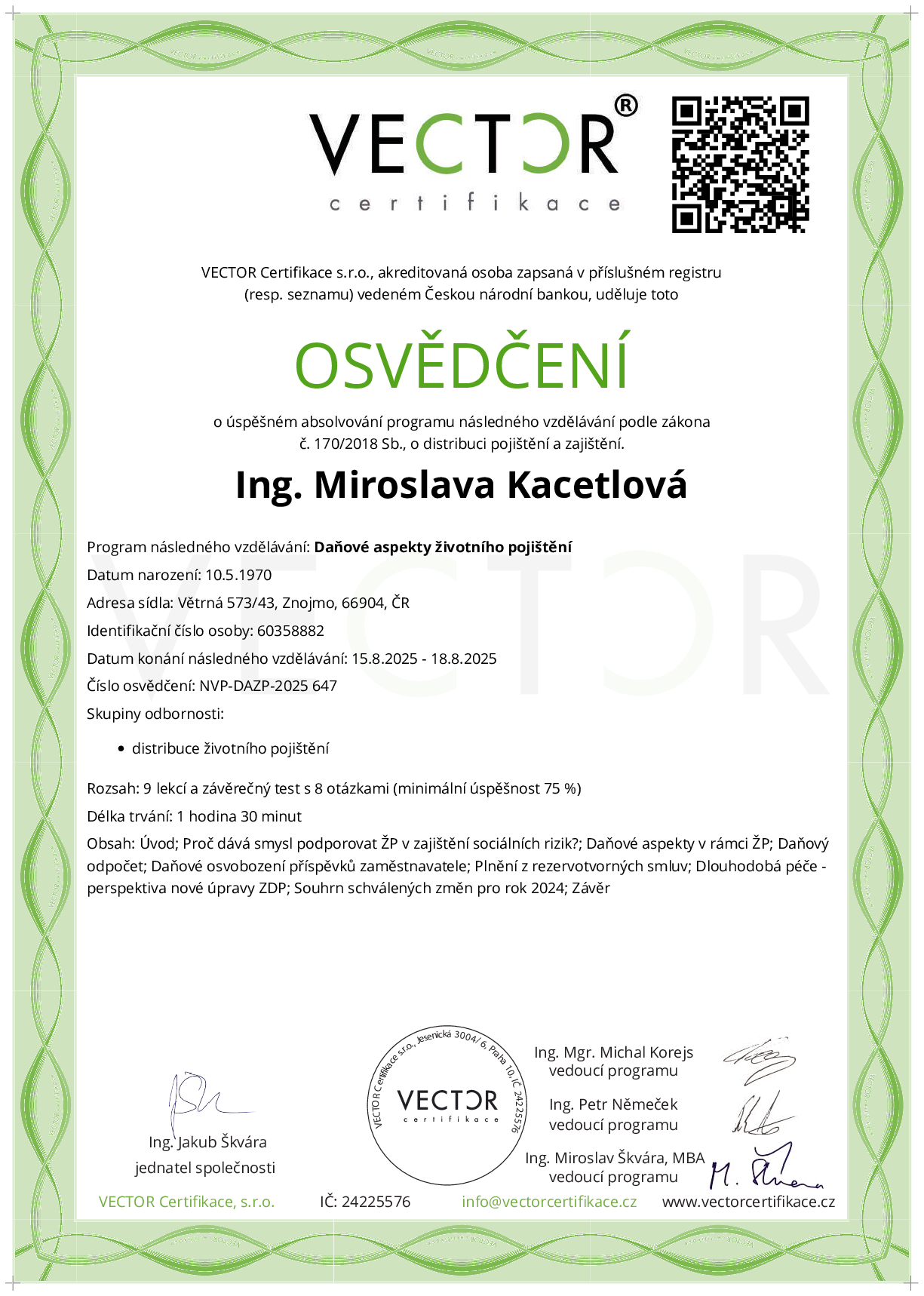 Osvědčení kurzu: Daňové aspekty životního pojištění (NVP-DAZP-2025)
