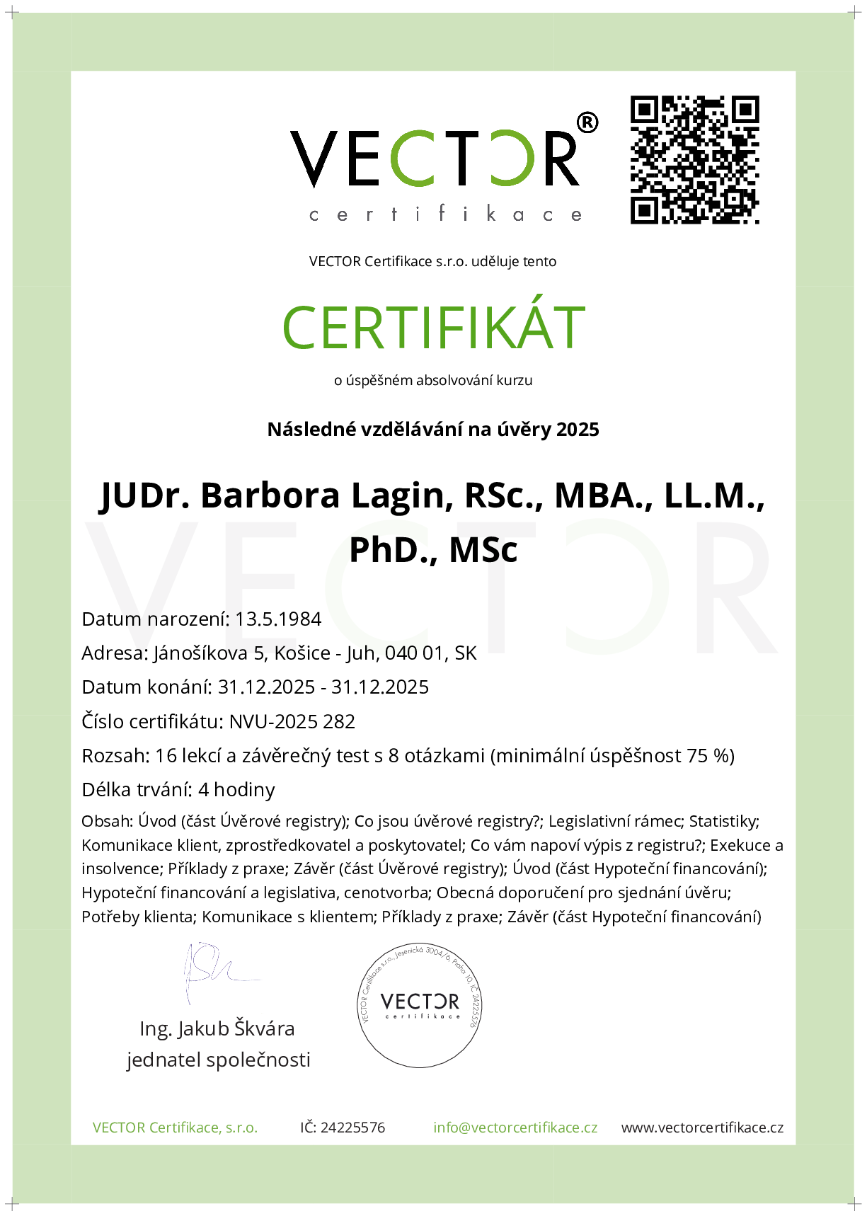Osvědčení kurzu: Následné vzdělávání na úvěry 2025 (NVU-2025)