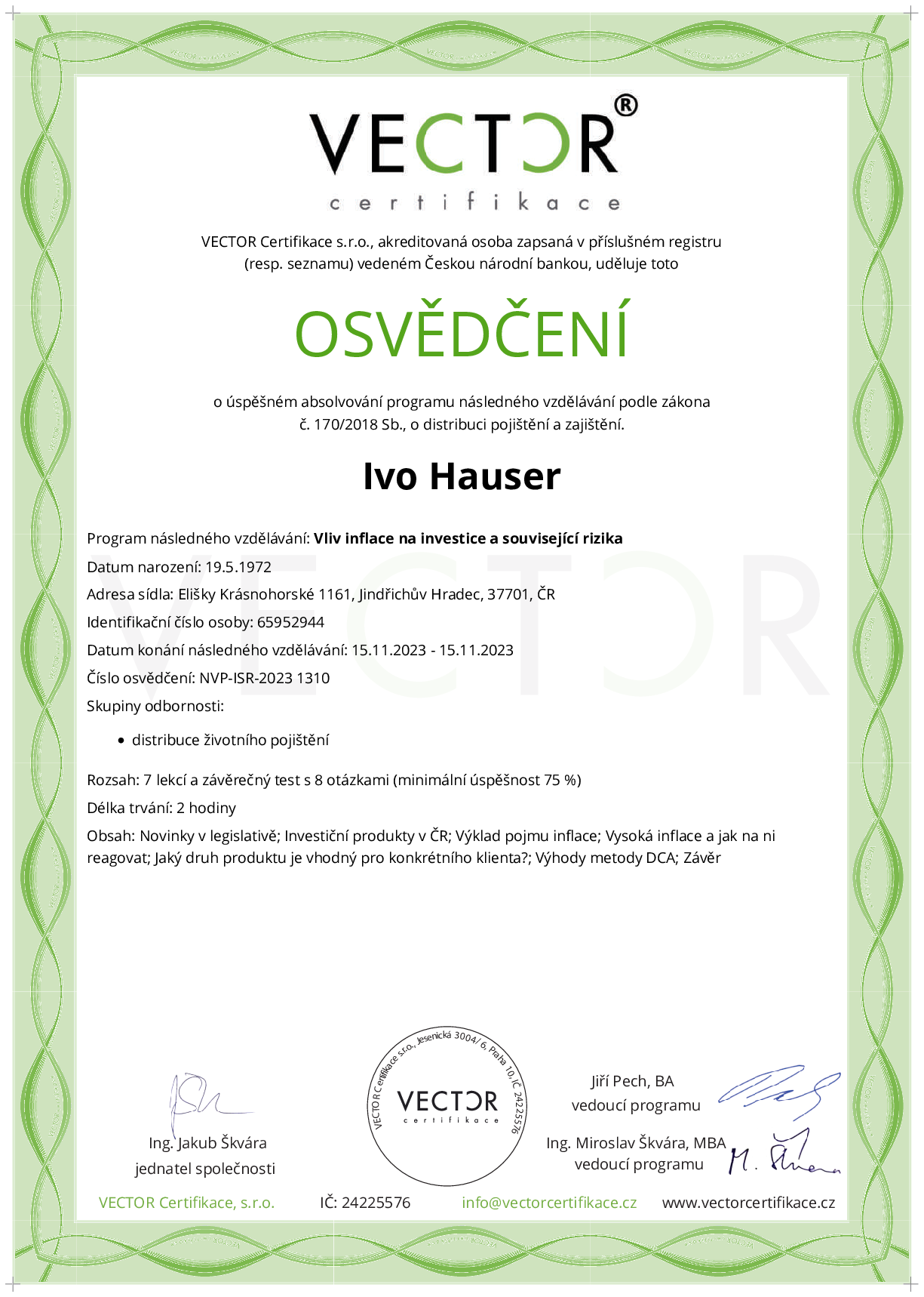 Osvědčení kurzu: Vliv inflace na investice a související rizika (NVP-ISR-2023)