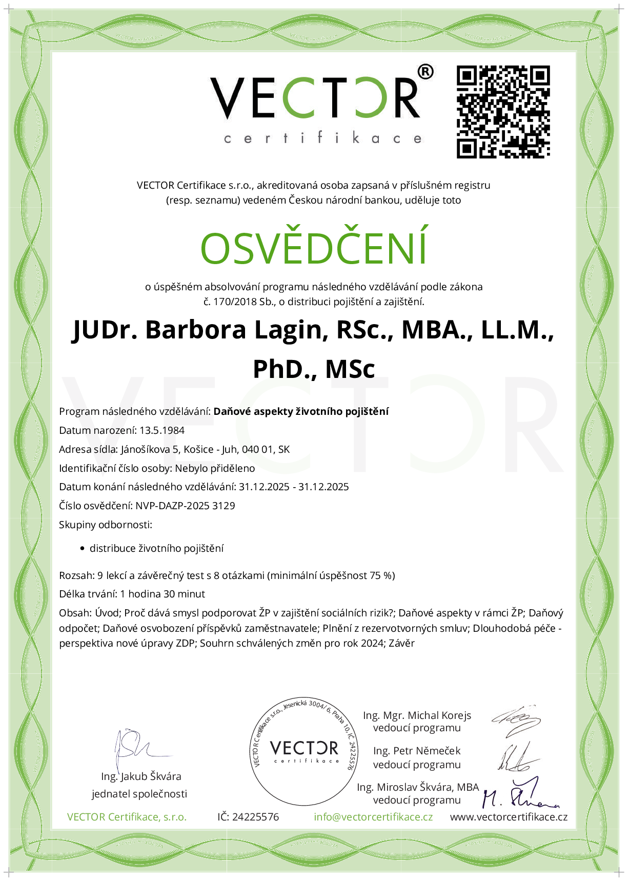 Osvědčení kurzu: Daňové aspekty životního pojištění (NVP-DAZP-2025)
