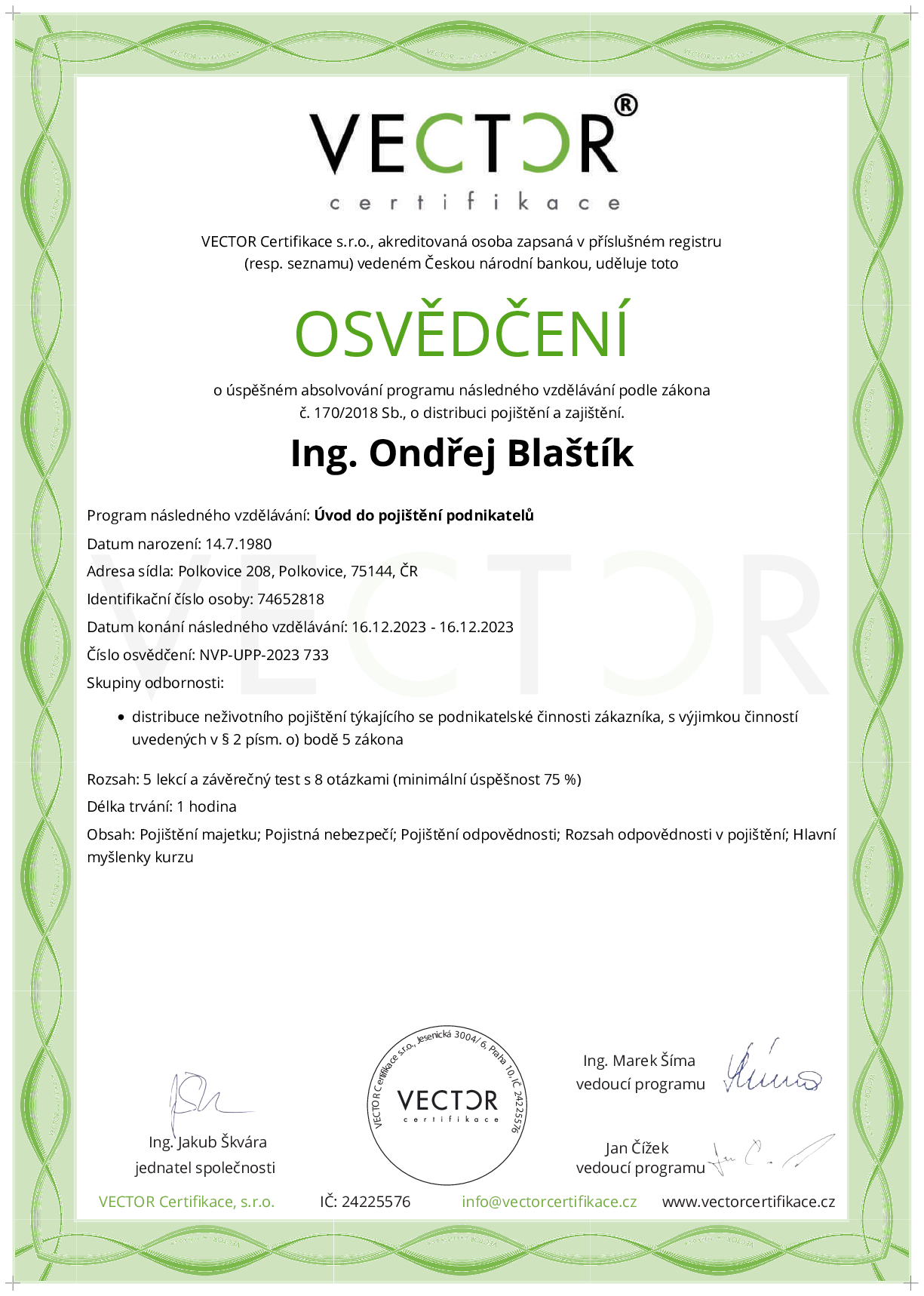 Osvědčení kurzu: Úvod do pojištění podnikatelů (NVP-UPP-2023)