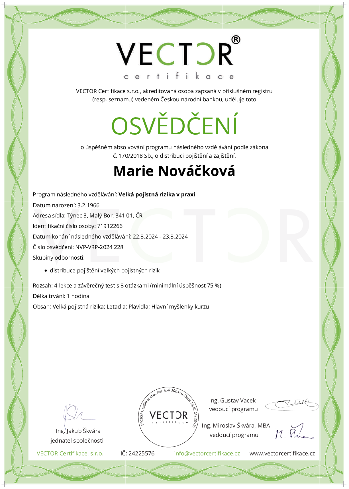 Osvědčení kurzu: Velká pojistná rizika v praxi (NVP-VRP-2024)
