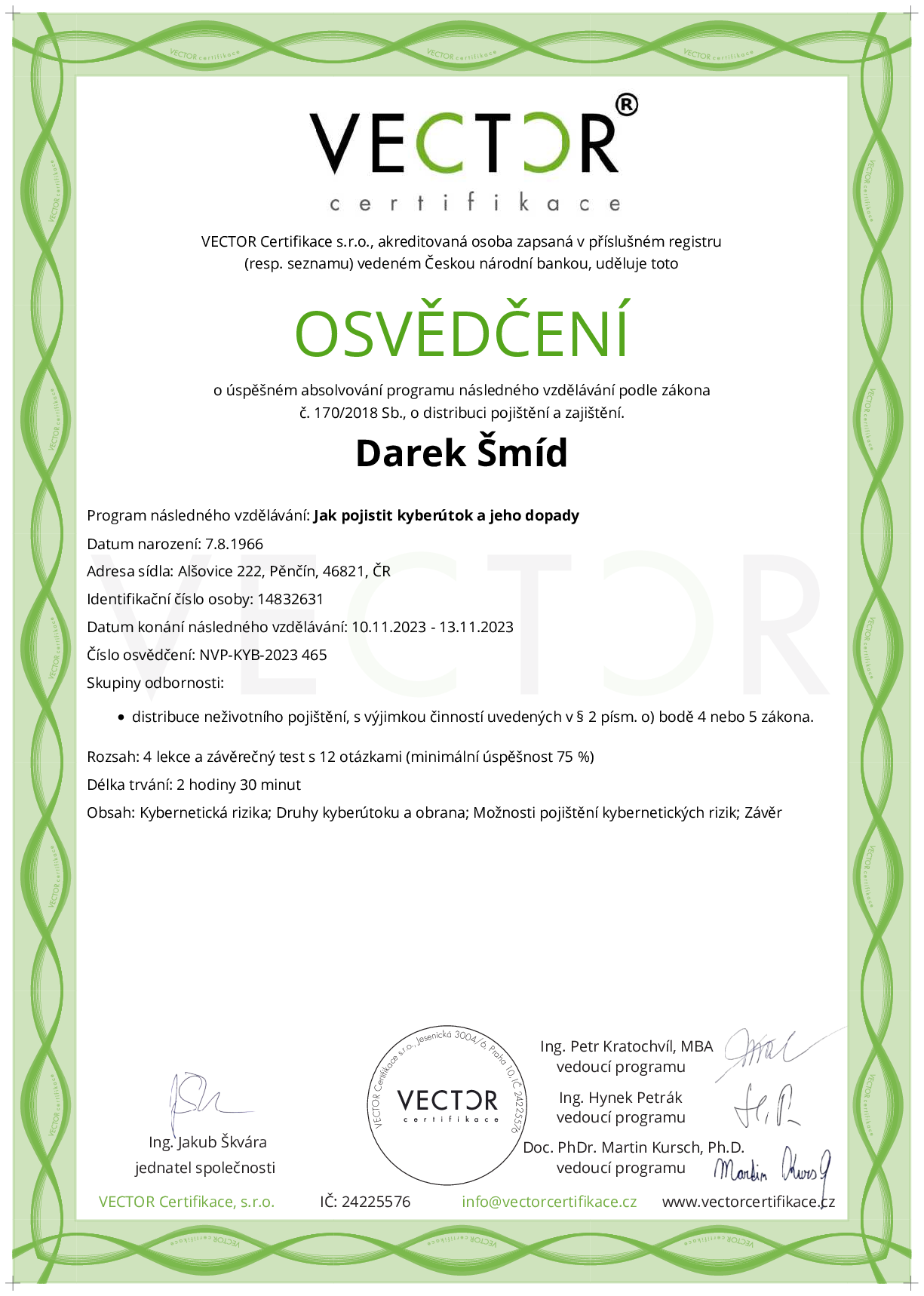 Osvědčení kurzu: Jak pojistit kyberútok a jeho dopady (NVP-KYB-2023)