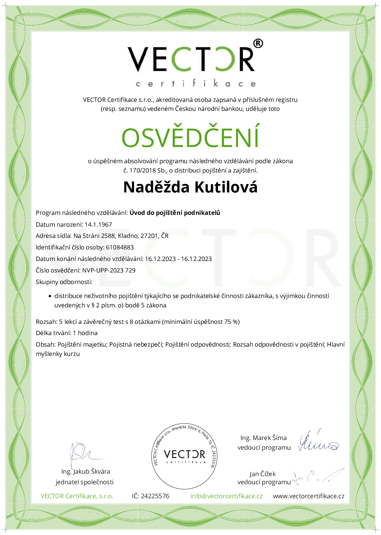 Osvědčení kurzu: Úvod do pojištění podnikatelů (NVP-UPP-2023)