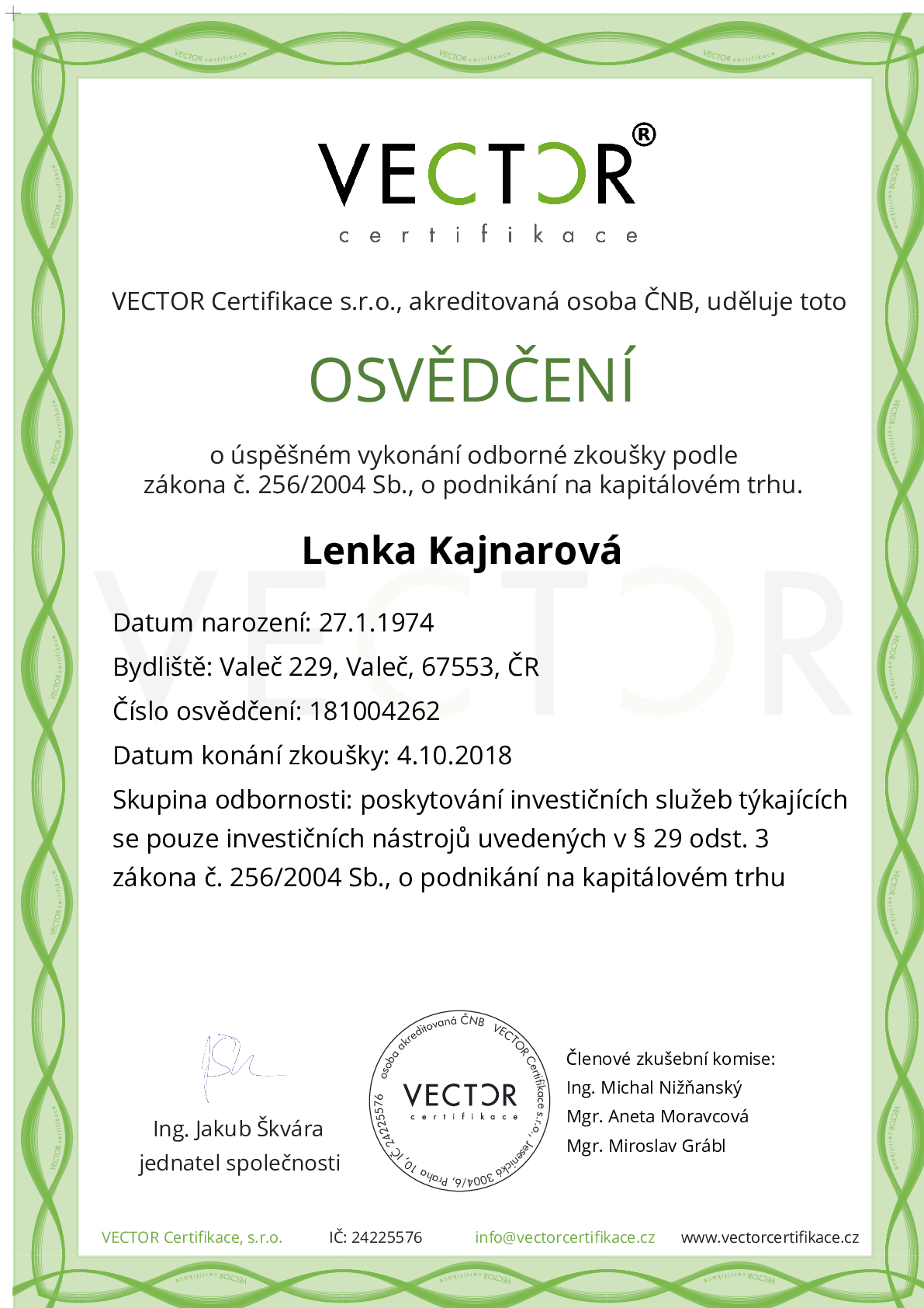 Osvědčení ze zkoušky: I. INV-ZPR - Investiční zprostředkovatel