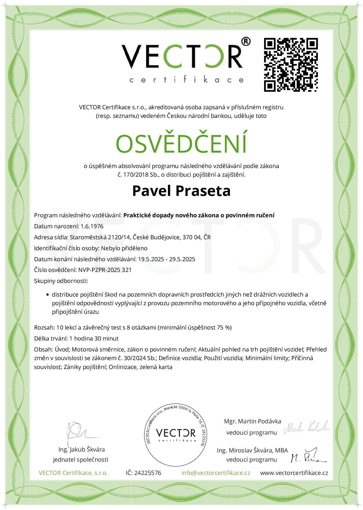 Osvědčení kurzu: Praktické dopady nového zákona o povinném ručení (NVP-PZPR-2025)