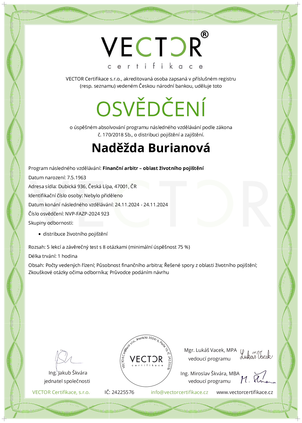 Osvědčení kurzu: Finanční arbitr – oblast životního pojištění (NVP-FAZP-2024)