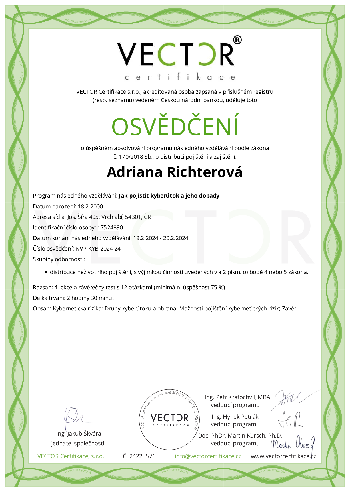 Osvědčení kurzu: Jak pojistit kyberútok a jeho dopady (NVP-KYB-2024)