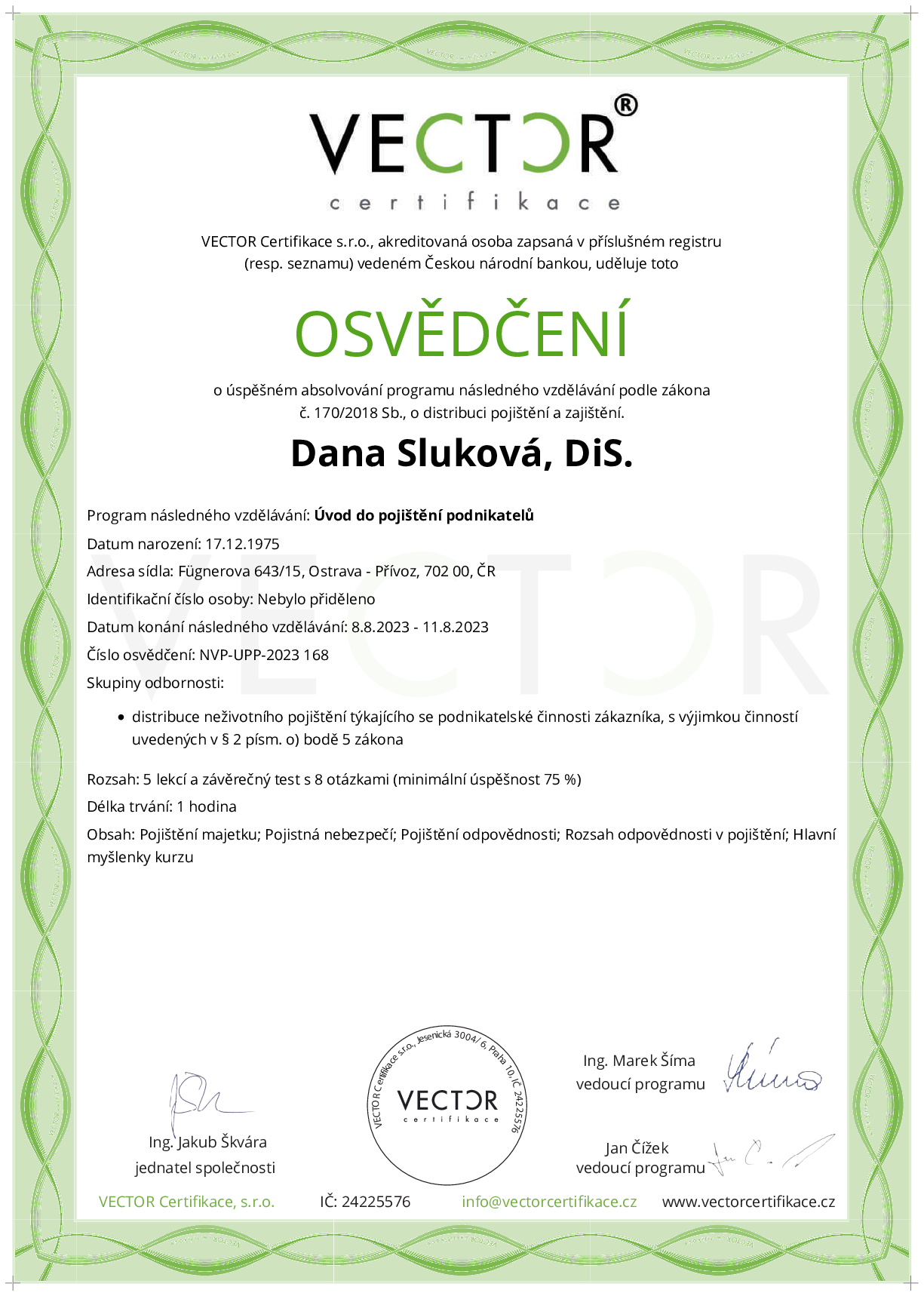 Osvědčení kurzu: Úvod do pojištění podnikatelů (NVP-UPP-2023)