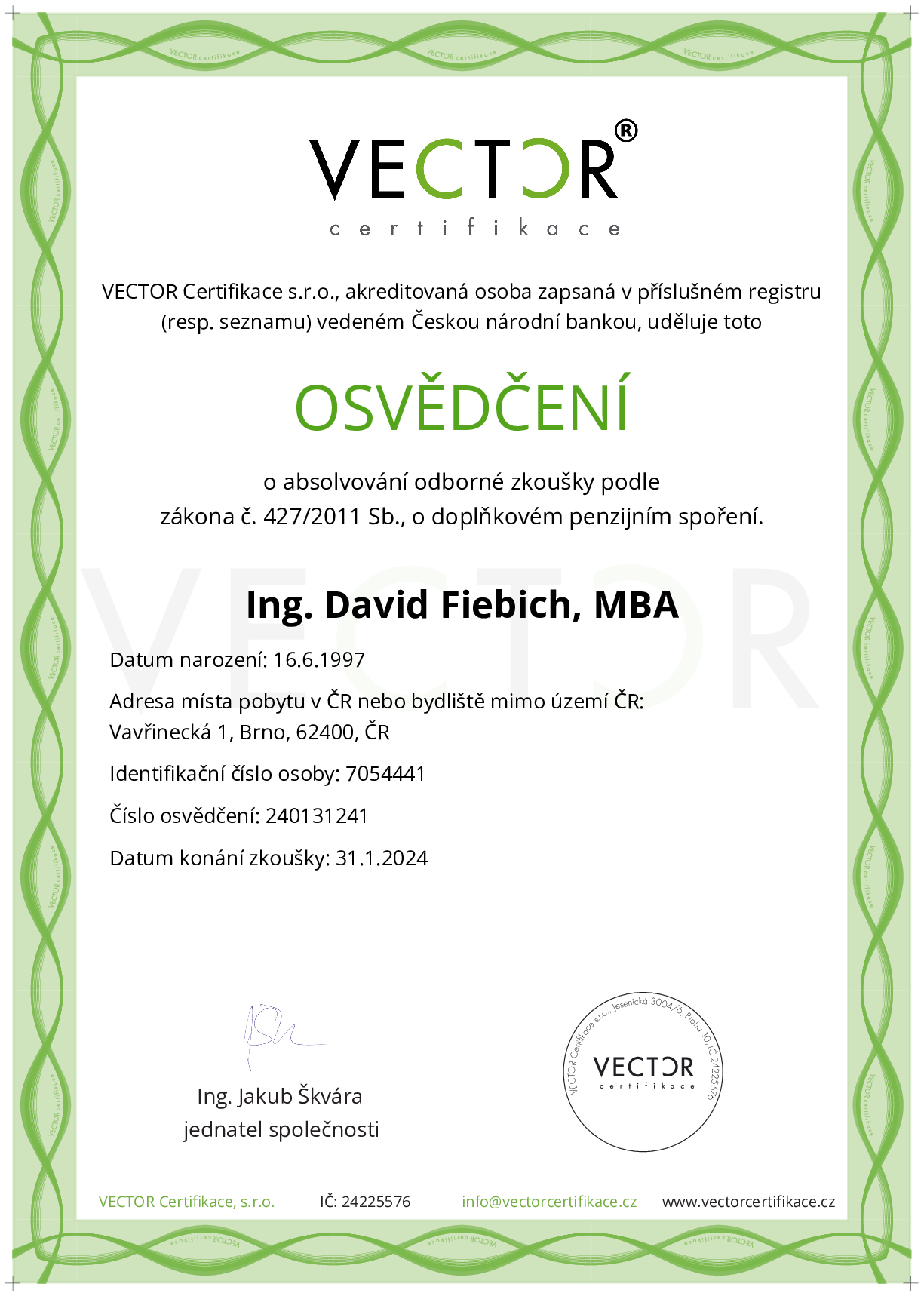 Osvědčení ze zkoušky: DPS - Doplňkové penzijní spoření