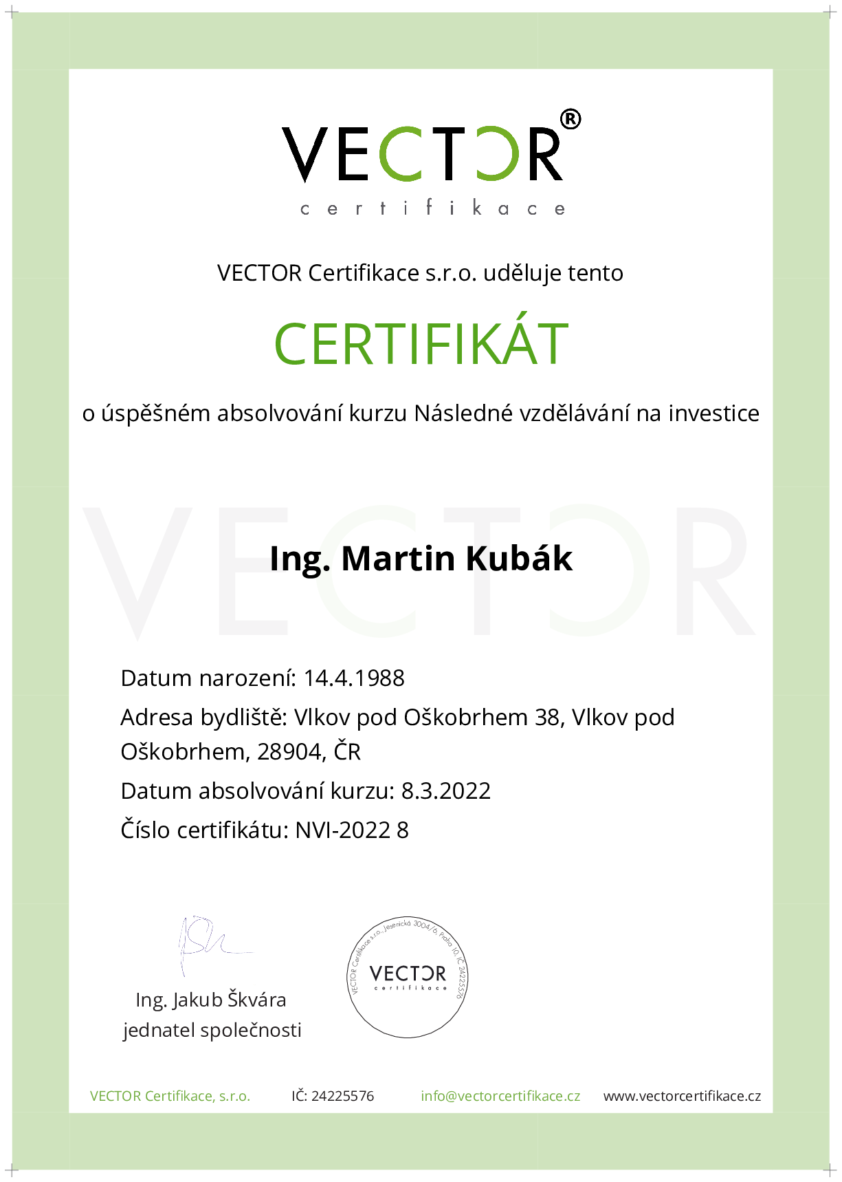 Osvědčení kurzu: Následné vzdělávání na investice (NVI-2022)