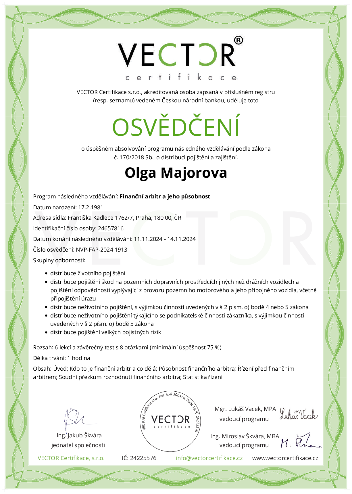Osvědčení kurzu: Finanční arbitr a jeho působnost (NVP-FAP-2024)
