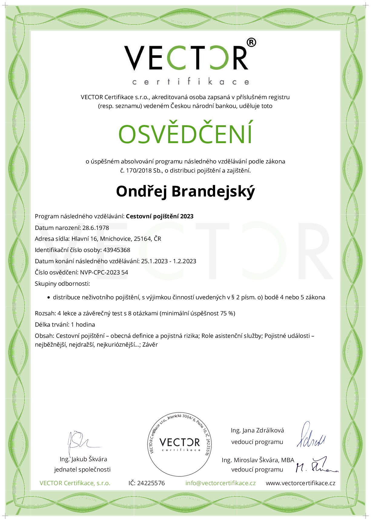 Osvědčení kurzu: Cestovní pojištění 2023 (NVP-CPC-2023)