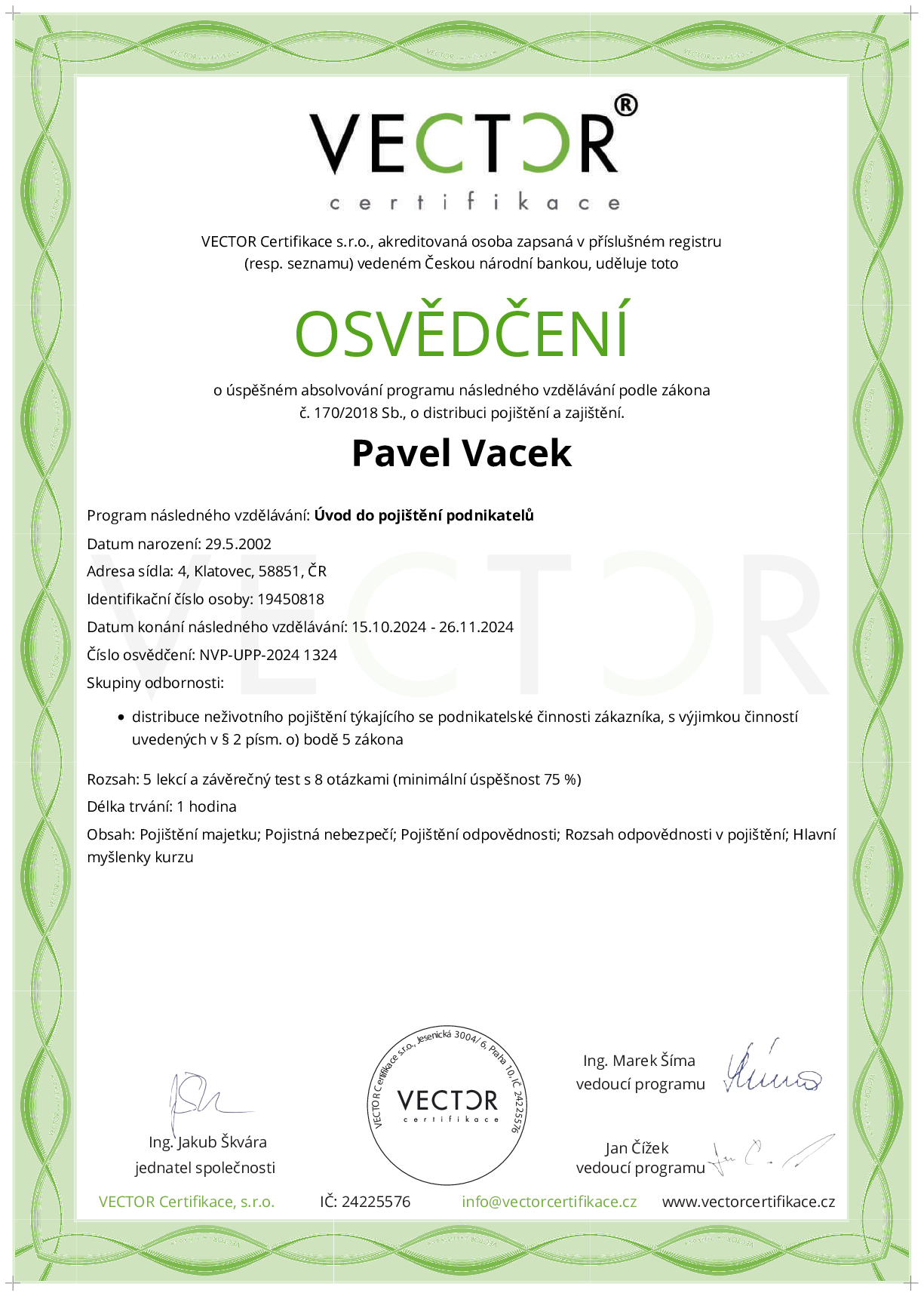 Osvědčení kurzu: Úvod do pojištění podnikatelů (NVP-UPP-2024)