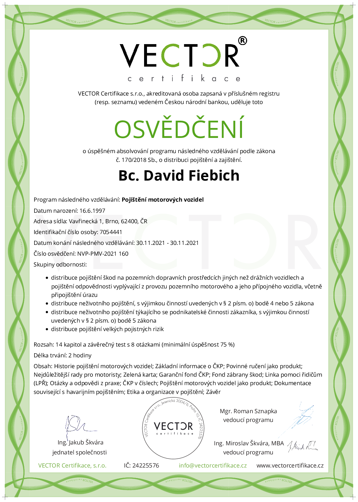 Osvědčení kurzu: Pojištění motorových vozidel (NVP-PMV-2021)