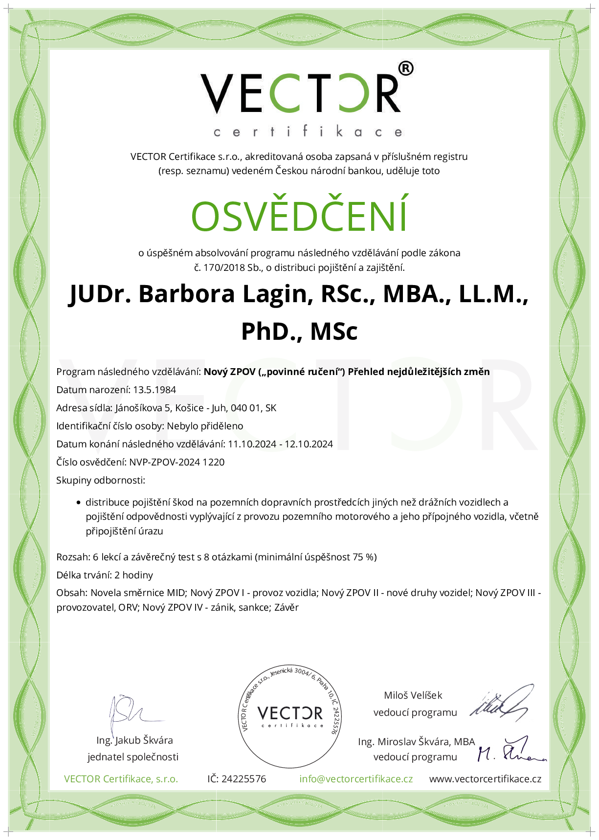 Osvědčení kurzu: Nový ZPOV („povinné ručení“) Přehled nejdůležitějších změn (NVP-ZPOV-2024)