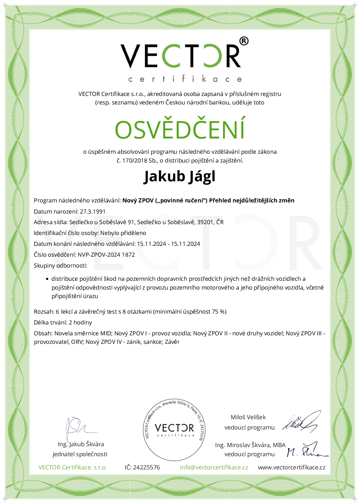 Osvědčení kurzu: Nový ZPOV („povinné ručení“) Přehled nejdůležitějších změn (NVP-ZPOV-2024)