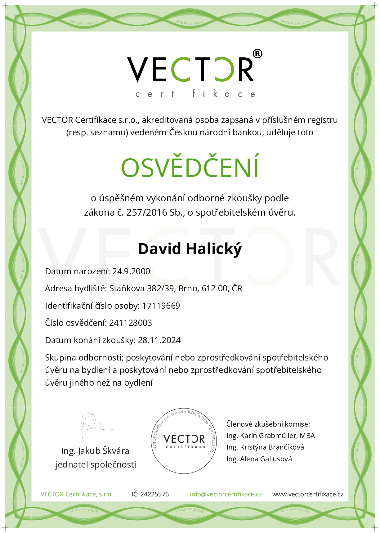 Osvědčení ze zkoušky: IV. ZSU-ABC - Souhrnná zkouška na úvěry