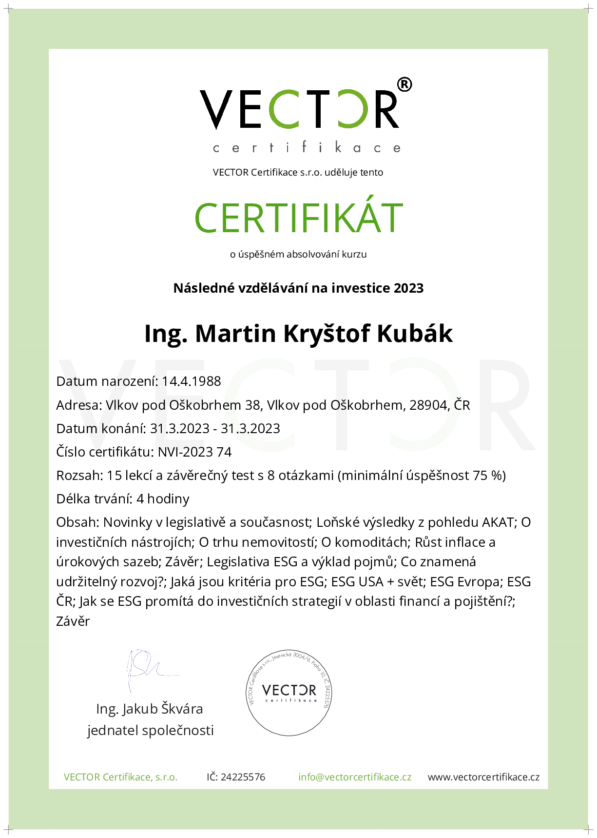 Osvědčení kurzu: Následné vzdělávání na investice 2023 (NVI-2023)