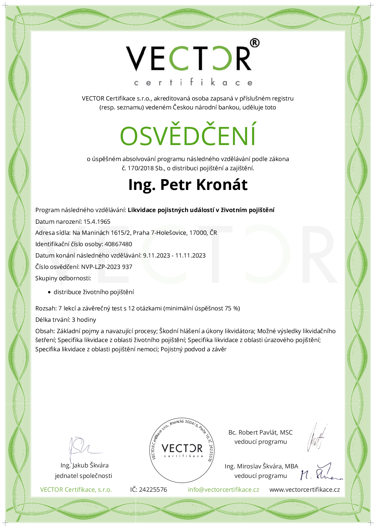 Osvědčení kurzu: Likvidace pojistných událostí v životním pojištění (NVP-LZP-2023)