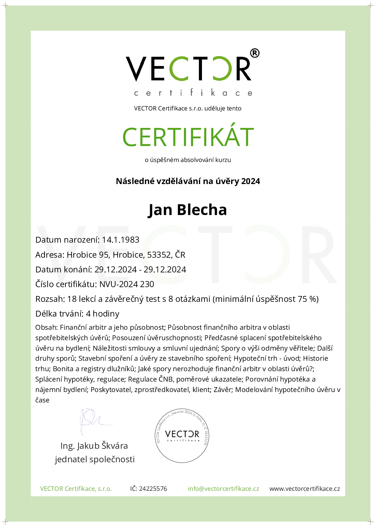 Osvědčení kurzu: Následné vzdělávání na úvěry 2024 (NVU-2024)