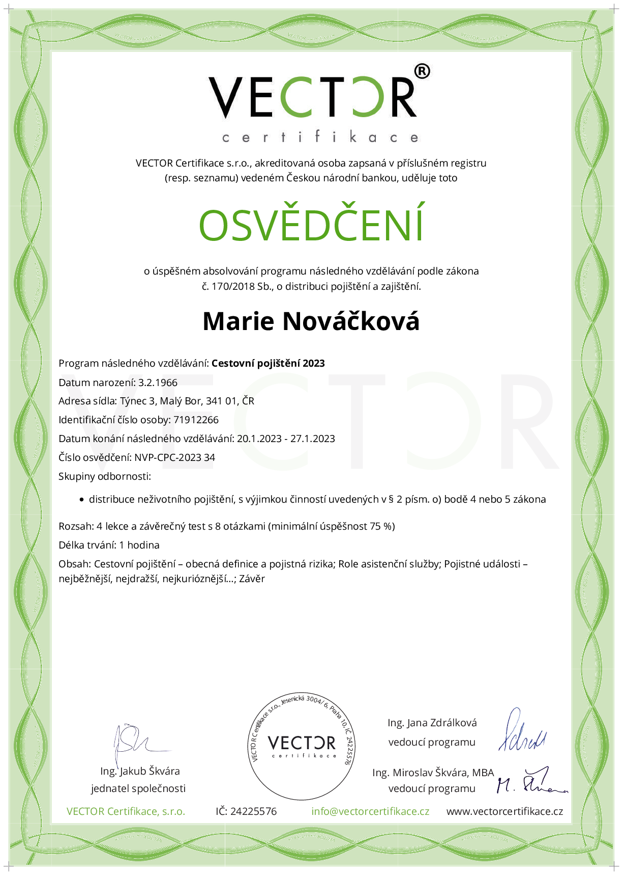 Osvědčení kurzu: Cestovní pojištění 2023 (NVP-CPC-2023)