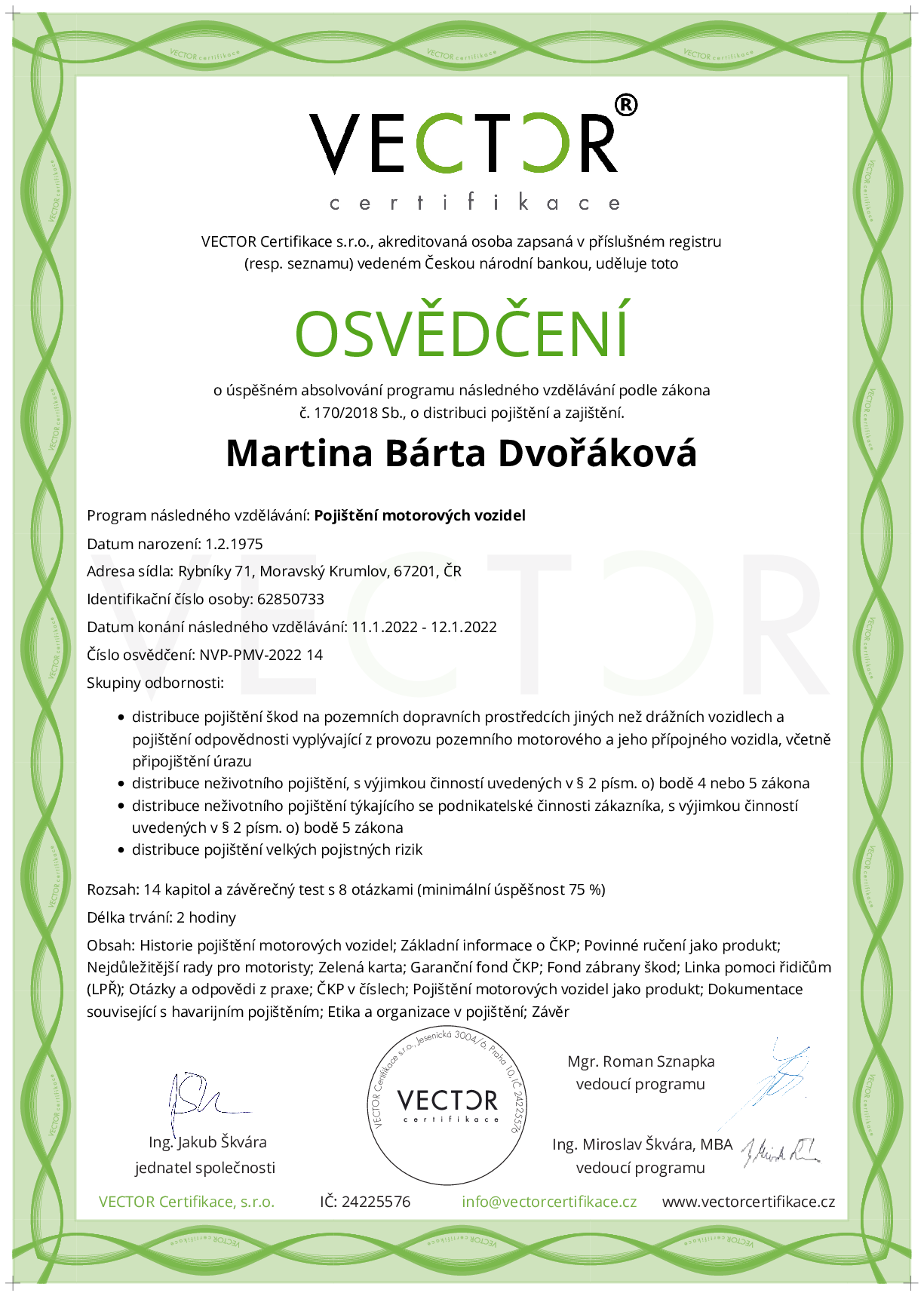 Osvědčení kurzu: Pojištění motorových vozidel (NVP-PMV-2022)