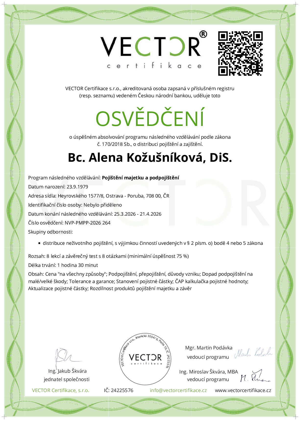 Osvědčení kurzu: Pojištění majetku a podpojištění (NVP-PMPP-2026)