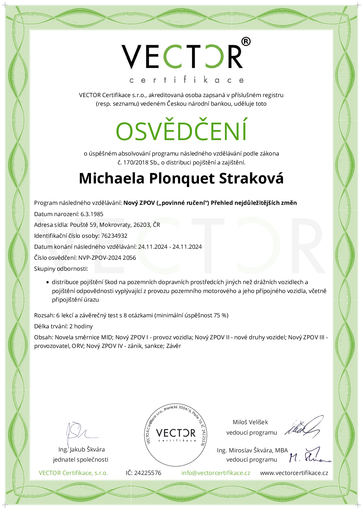 Osvědčení kurzu: Nový ZPOV („povinné ručení“) Přehled nejdůležitějších změn (NVP-ZPOV-2024)