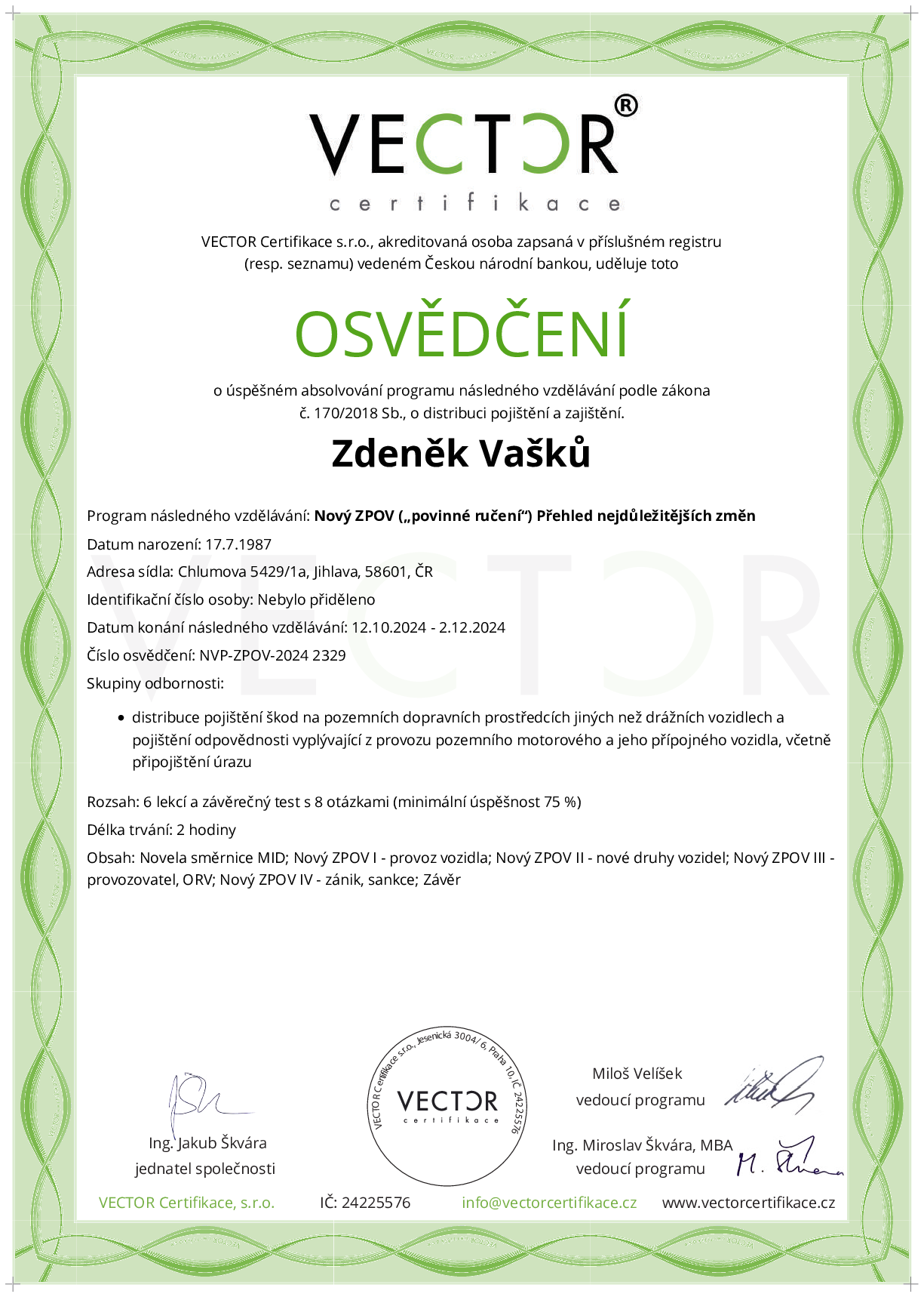 Osvědčení kurzu: Nový ZPOV („povinné ručení“) Přehled nejdůležitějších změn (NVP-ZPOV-2024)