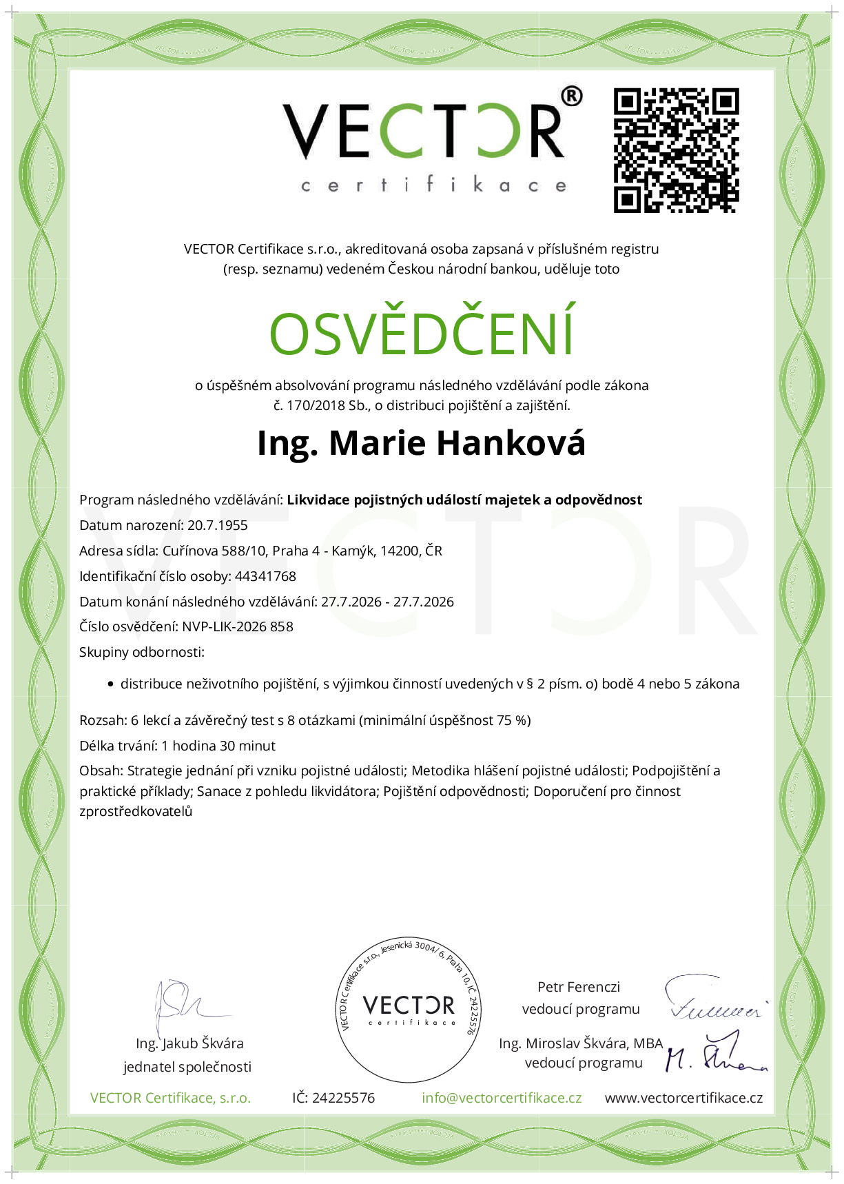 Osvědčení kurzu: Likvidace pojistných událostí majetek a odpovědnost (NVP-LIK-2026)
