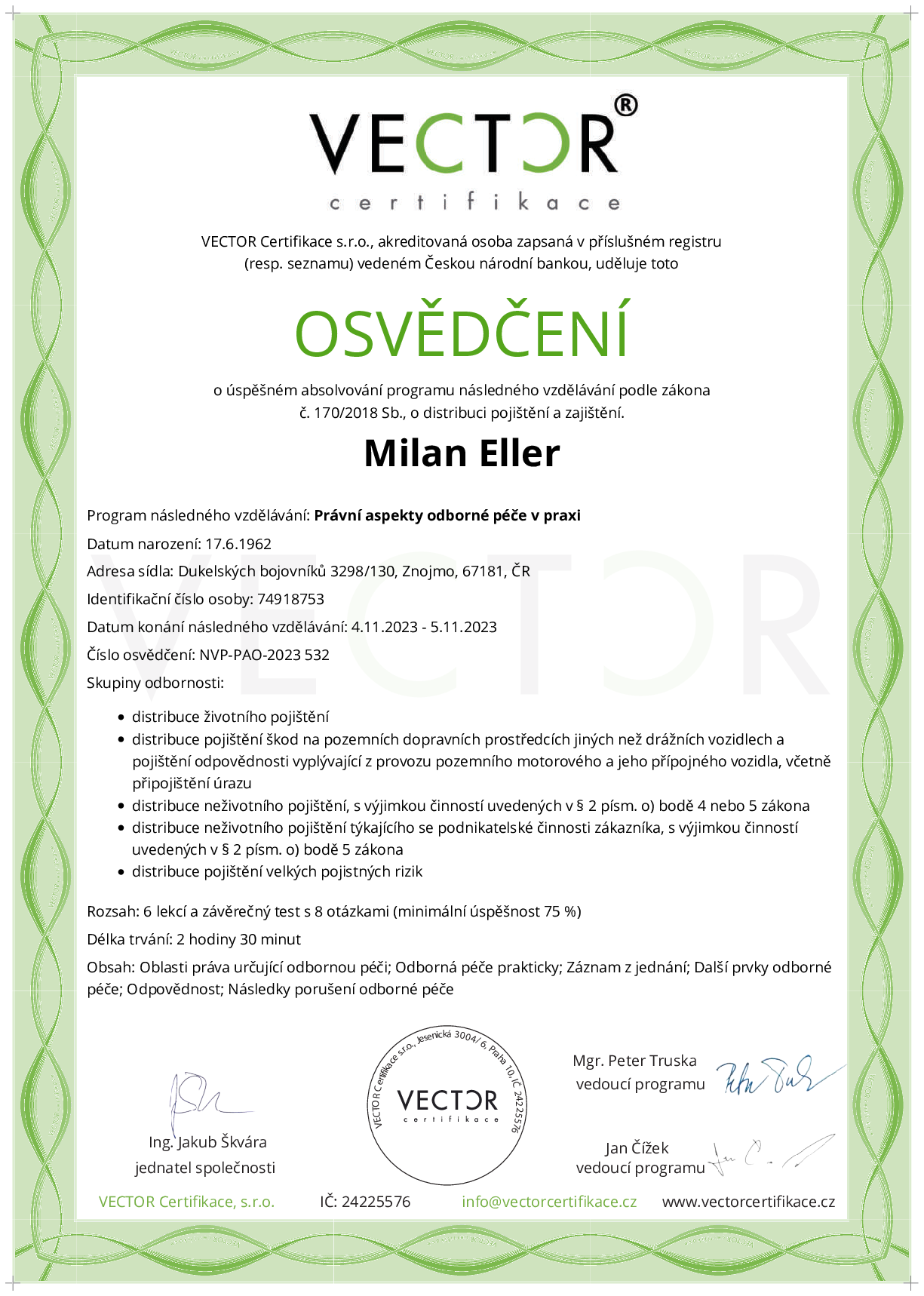 Osvědčení kurzu: Právní aspekty odborné péče v praxi (NVP-PAO-2023)