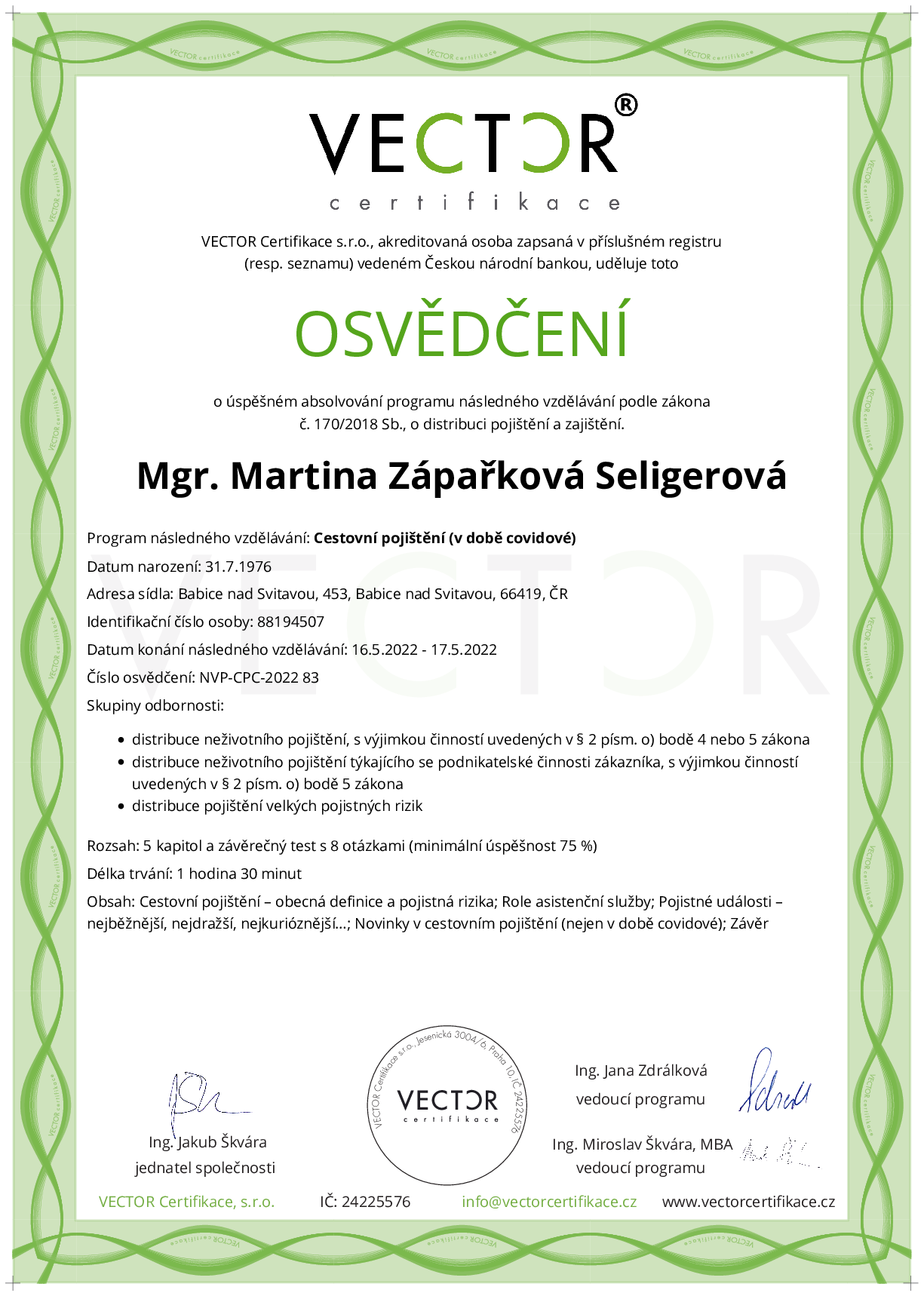 Osvědčení kurzu: Cestovní pojištění (v době covidové) (NVP-CPC-2022)