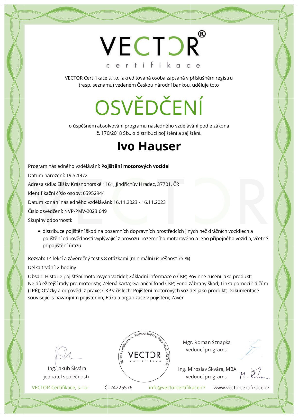 Osvědčení kurzu: Pojištění motorových vozidel (NVP-PMV-2023)